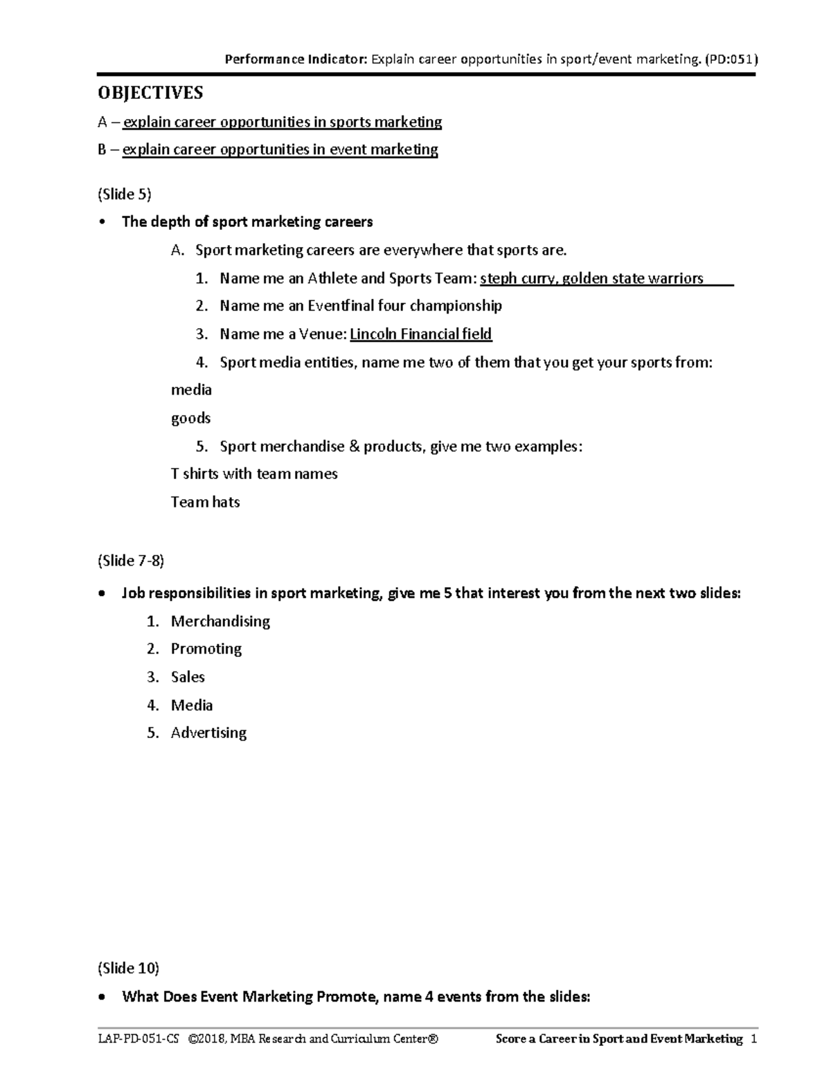 Careers Guidestudent Notes LAPPD 051 CS ©20 18 , MBA Research and Curriculum Center