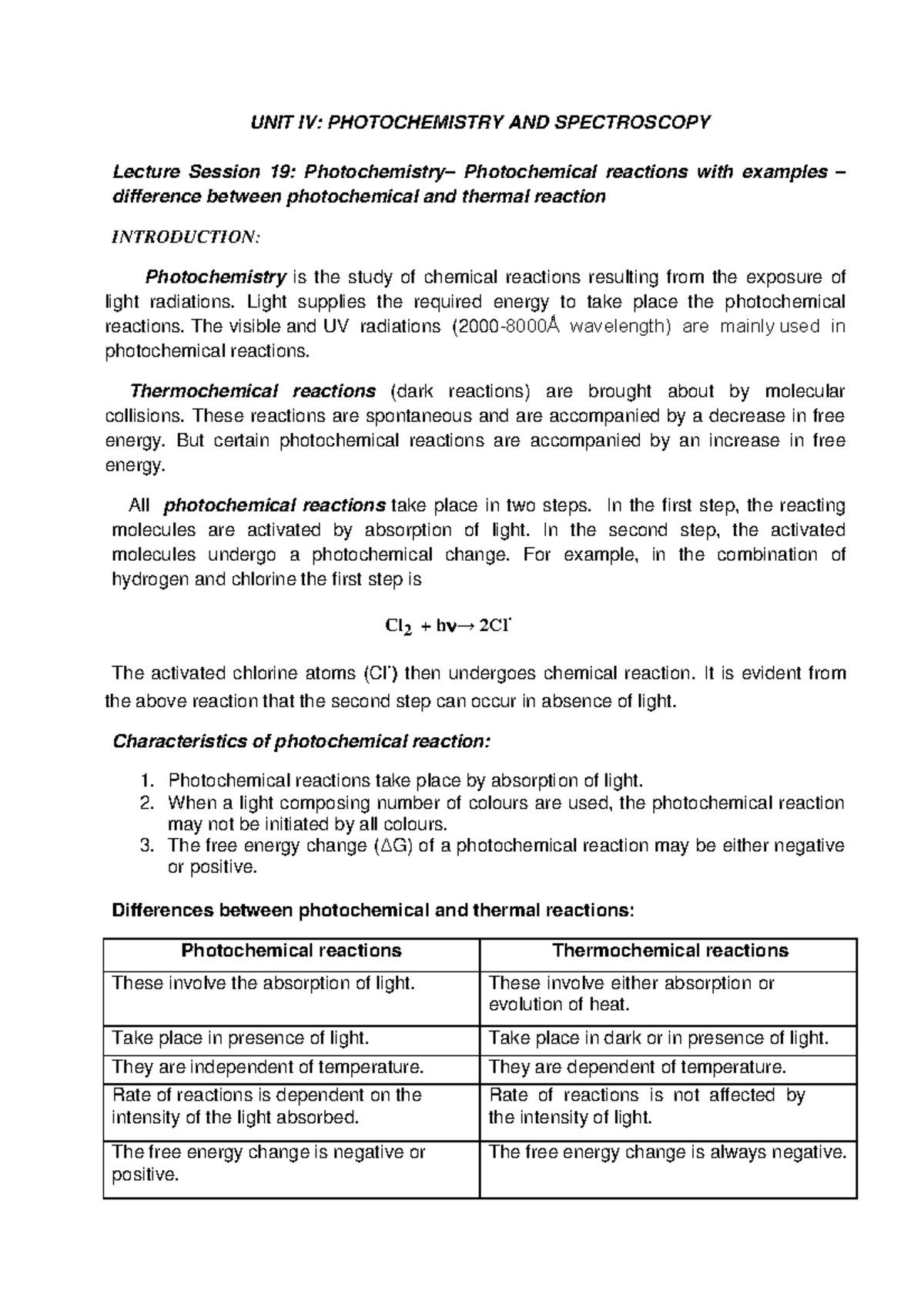 Photochemistry And Spectroscopy - UNIT IV: PHOTOCHEMISTRY AND ...