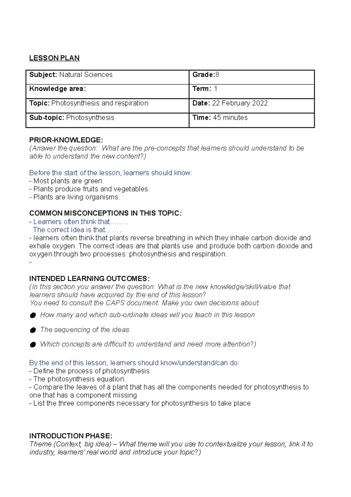 Lesson plan group 9 - practicals 452 - LESSON PLAN Subject: Natural ...