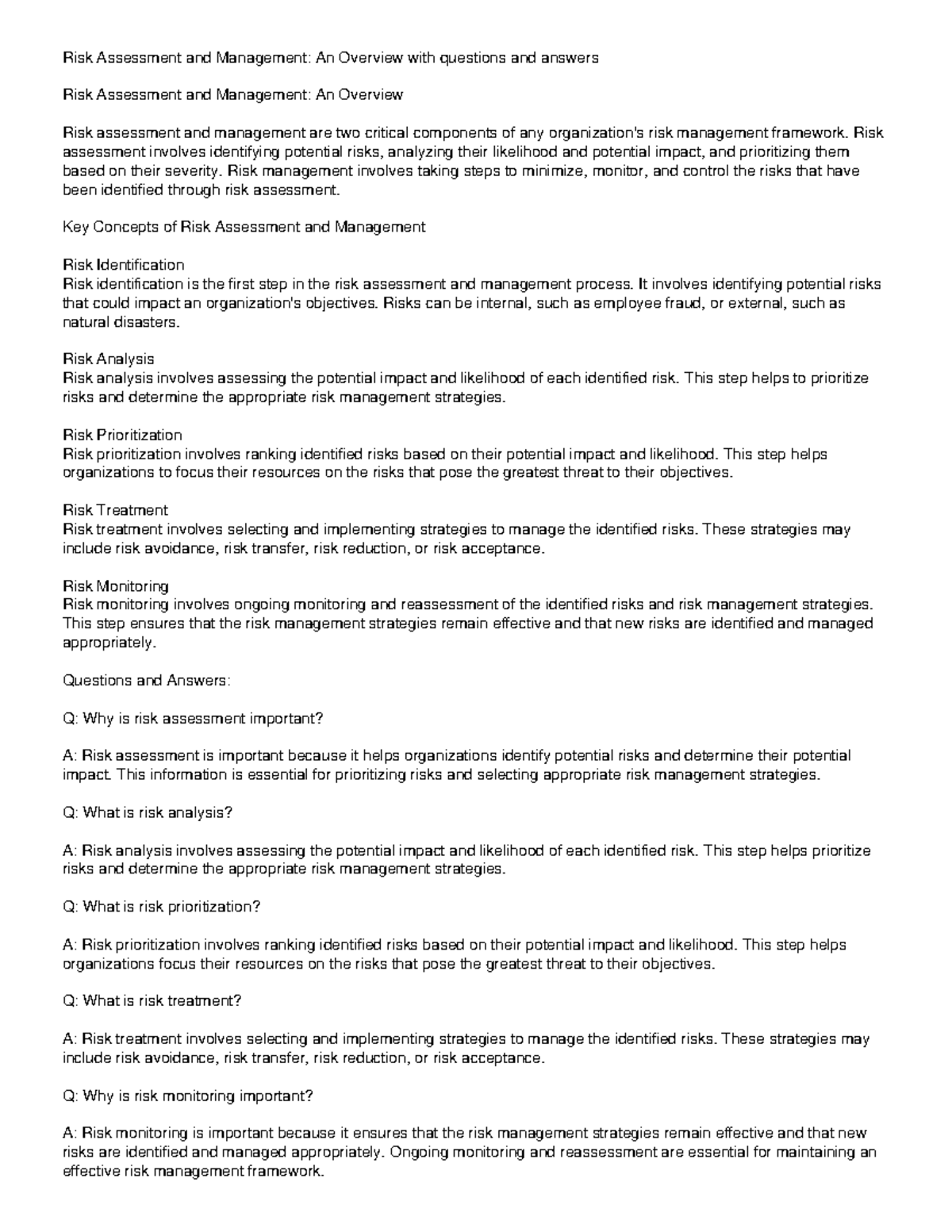 Risk Assessment and Management An Overview - Risk assessment involves ...