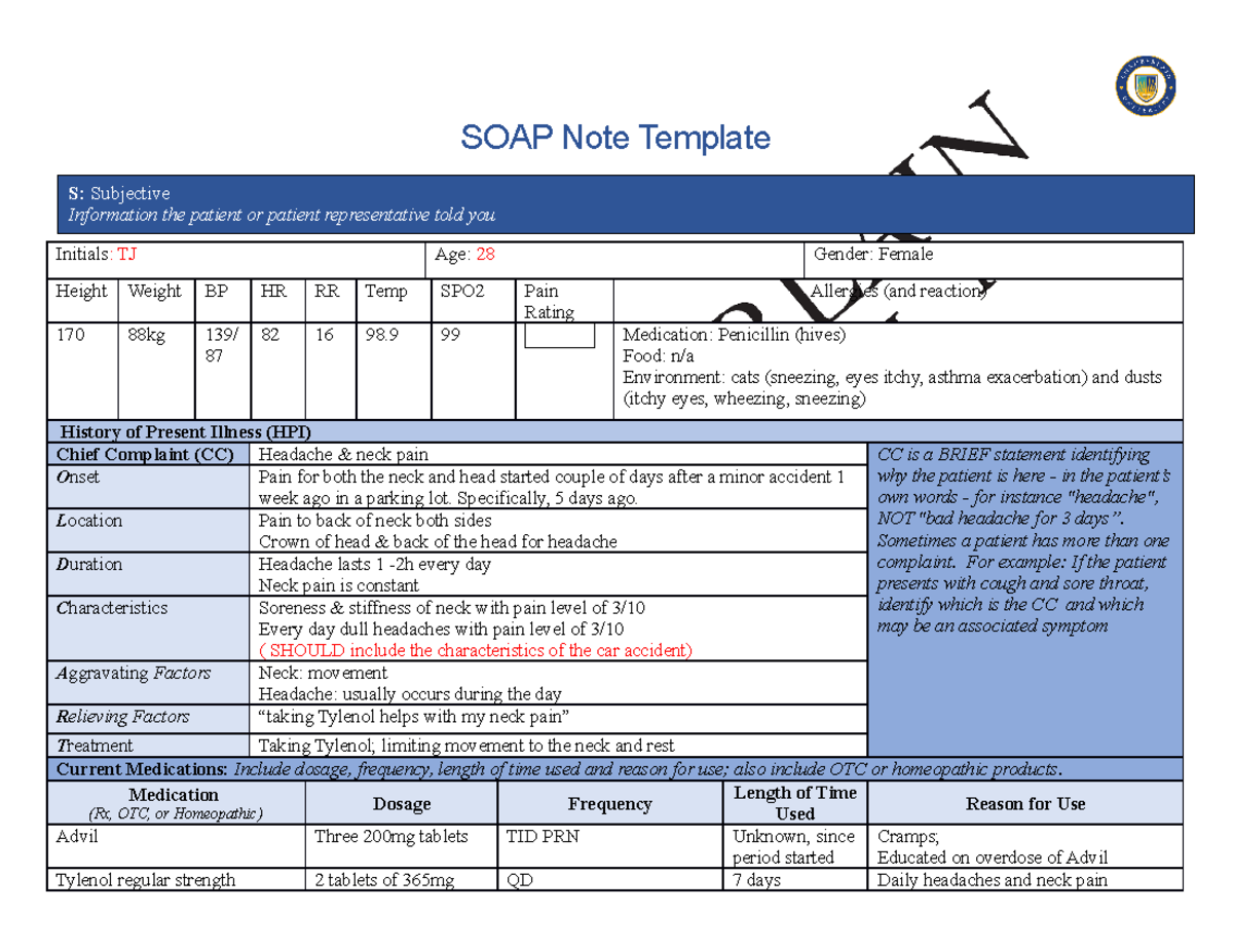 Week 3 Soap Note Soap Note Week 3 Tina Jones Soap Note Template Initials Tj Age 28 Gender Female Height Weight Bp Hr Rr Temp Spo2 Pain Rating Allergies And Studocu