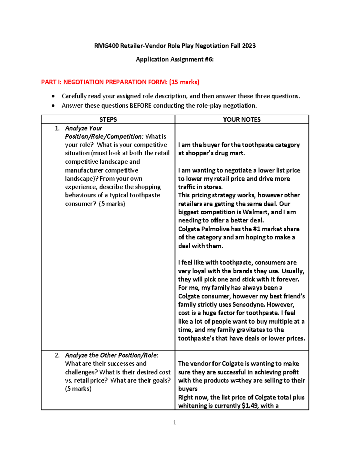 Application Assignment 6 Negotiation Preparation and Reflection Form ...