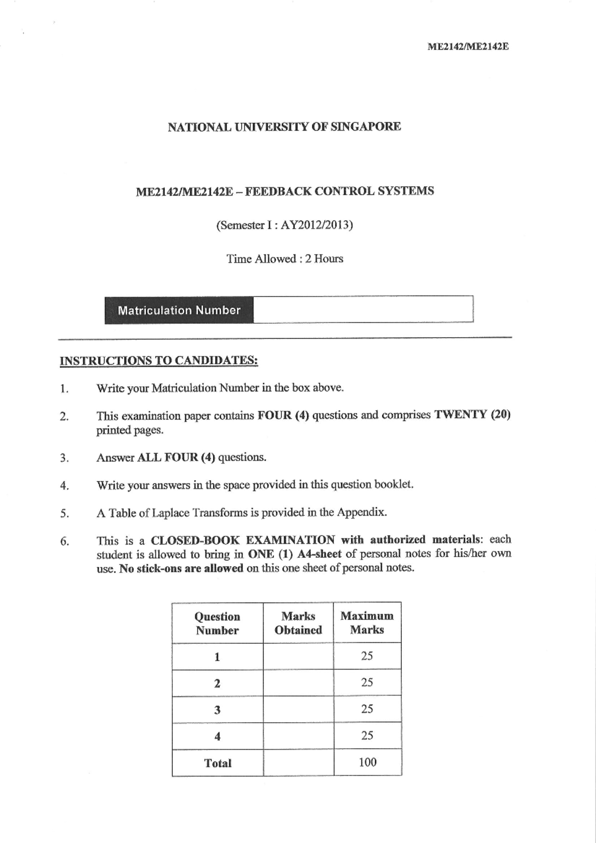 Exam 29 September 2012, questions - ME2142 - Studocu