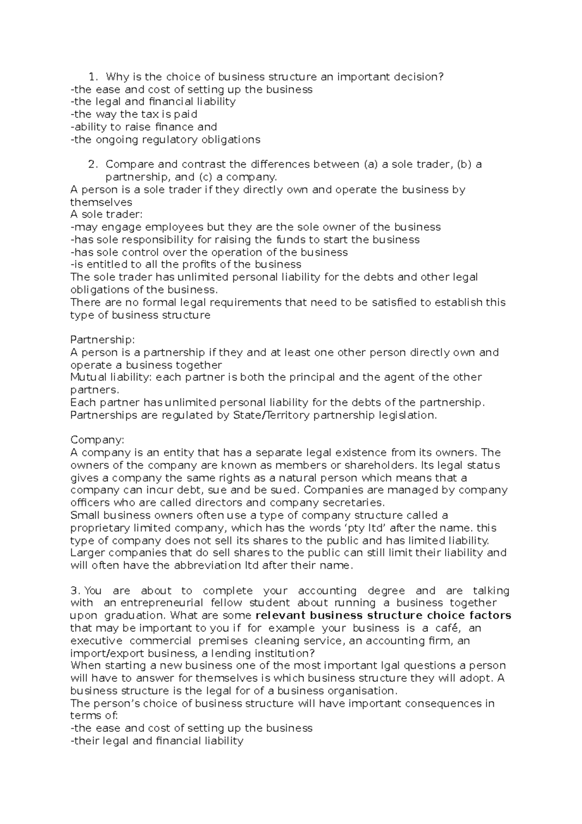 Lecture 11 Questions - Why is the choice of business structure an ...