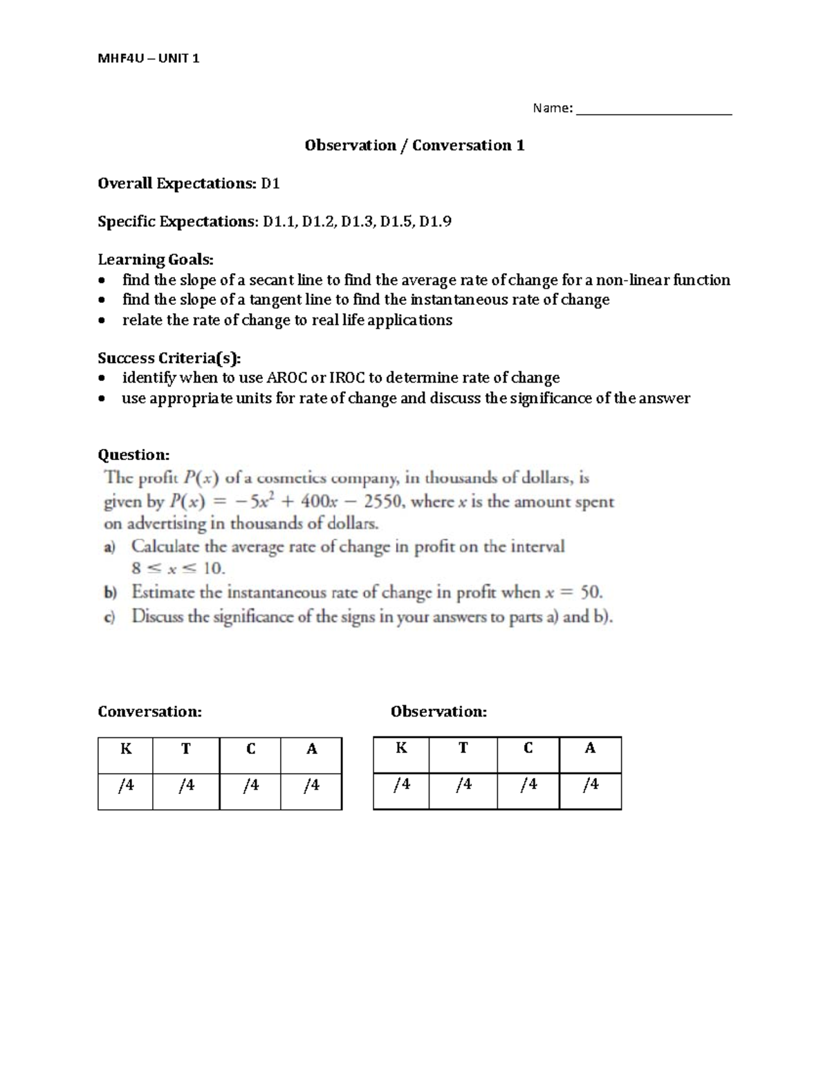 Obs. Conv. 1 - class notes - MHF4U – UNIT 1 Name ...