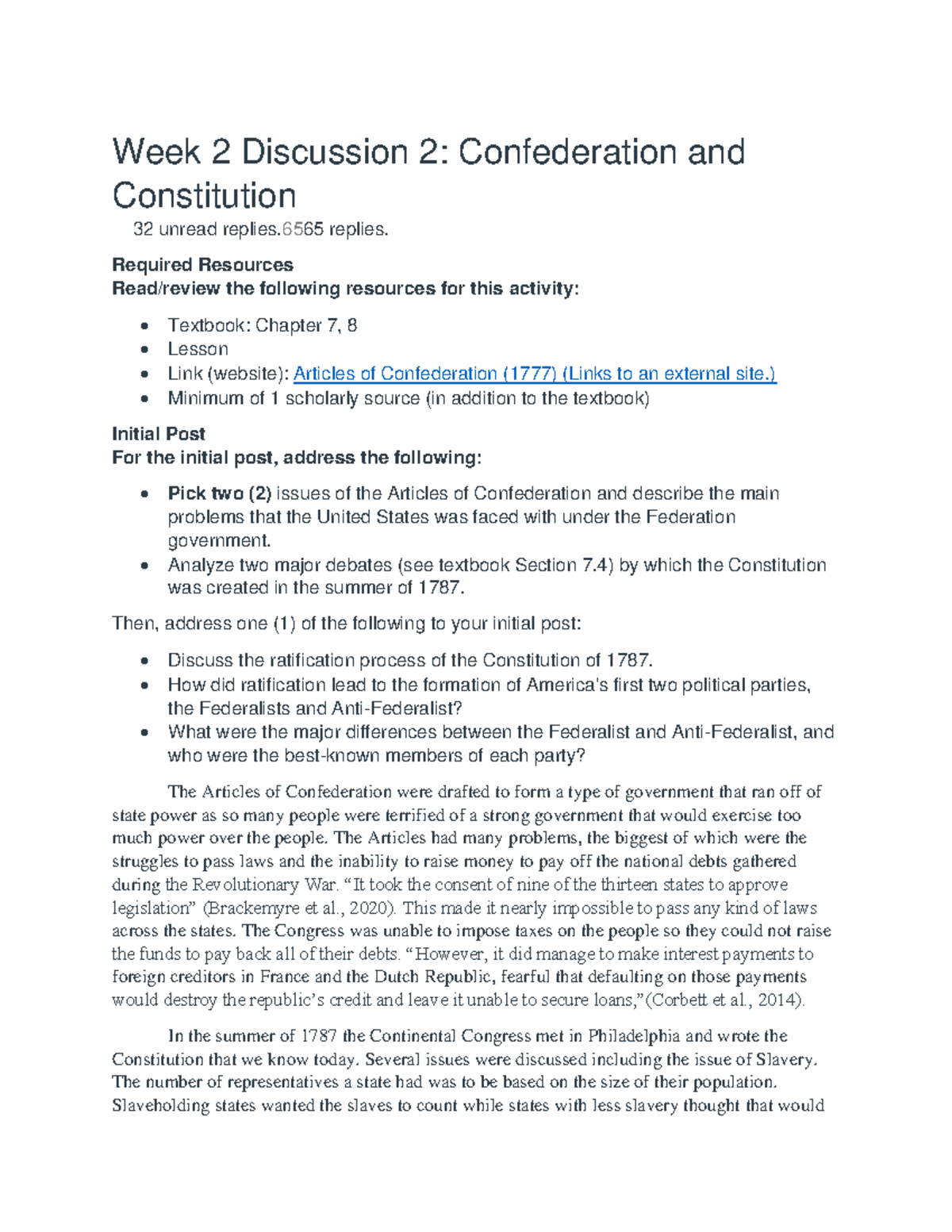 Document 1 - Week 2 Discussion 2 - Week 2 Discussion 2: Confederation ...