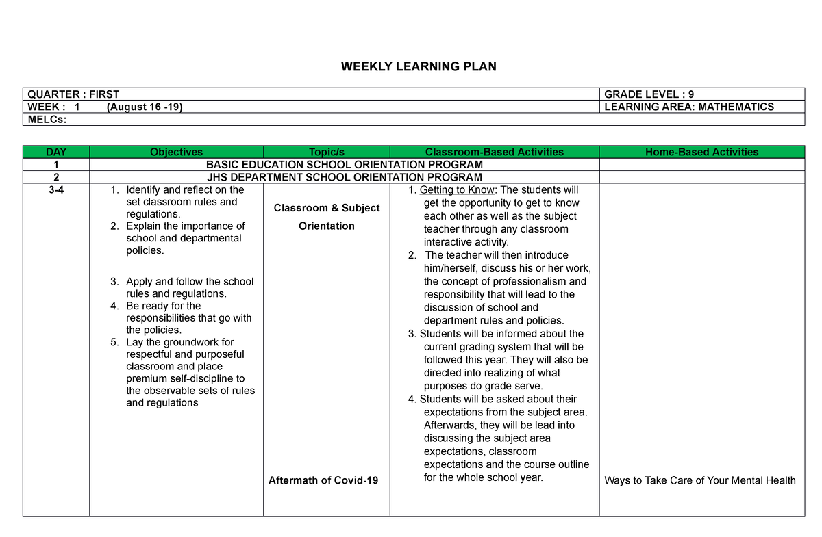 MATH 9 - WLP WK1 - WLP - WEEKLY LEARNING PLAN QUARTER : FIRST GRADE ...