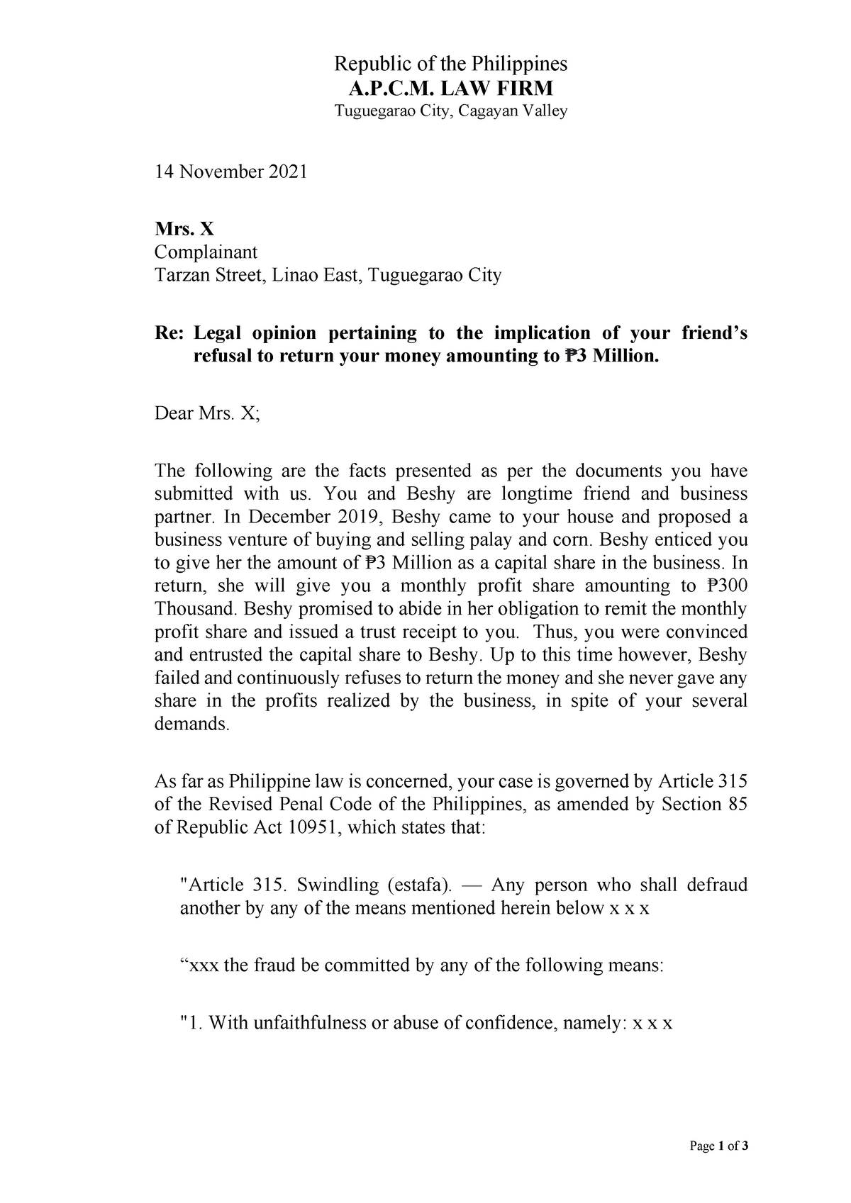 sample-letter-to-client-regarding-case-brief-republic-of-the