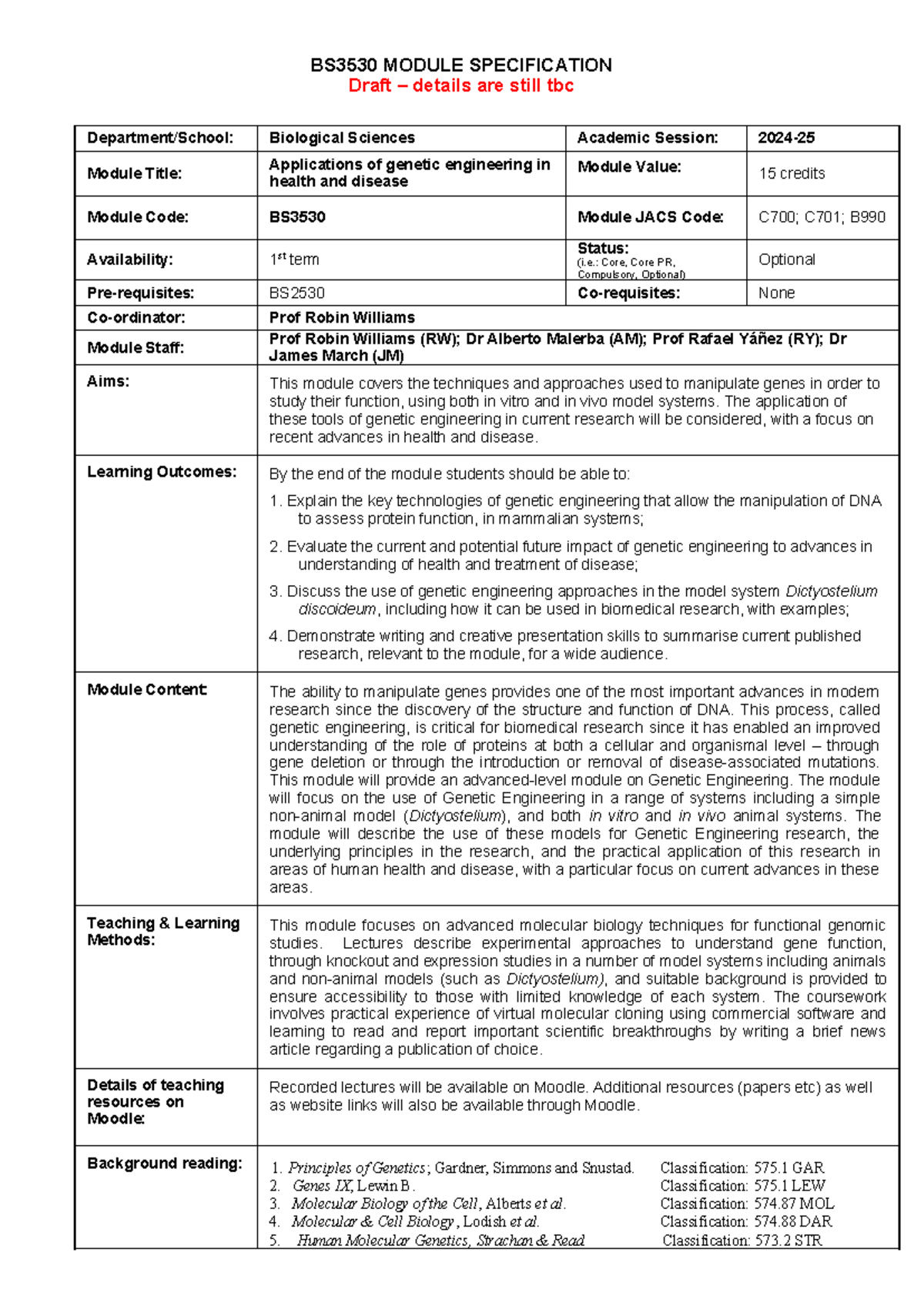 BS3530 Applications of Genetic Engineering Module Spec 2024-25 Draft ...