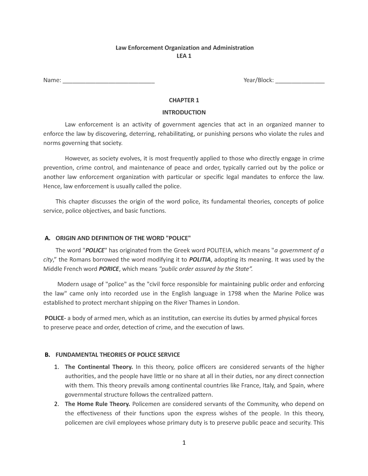 Handout For Students - Full - Law Enforcement Organization And ...