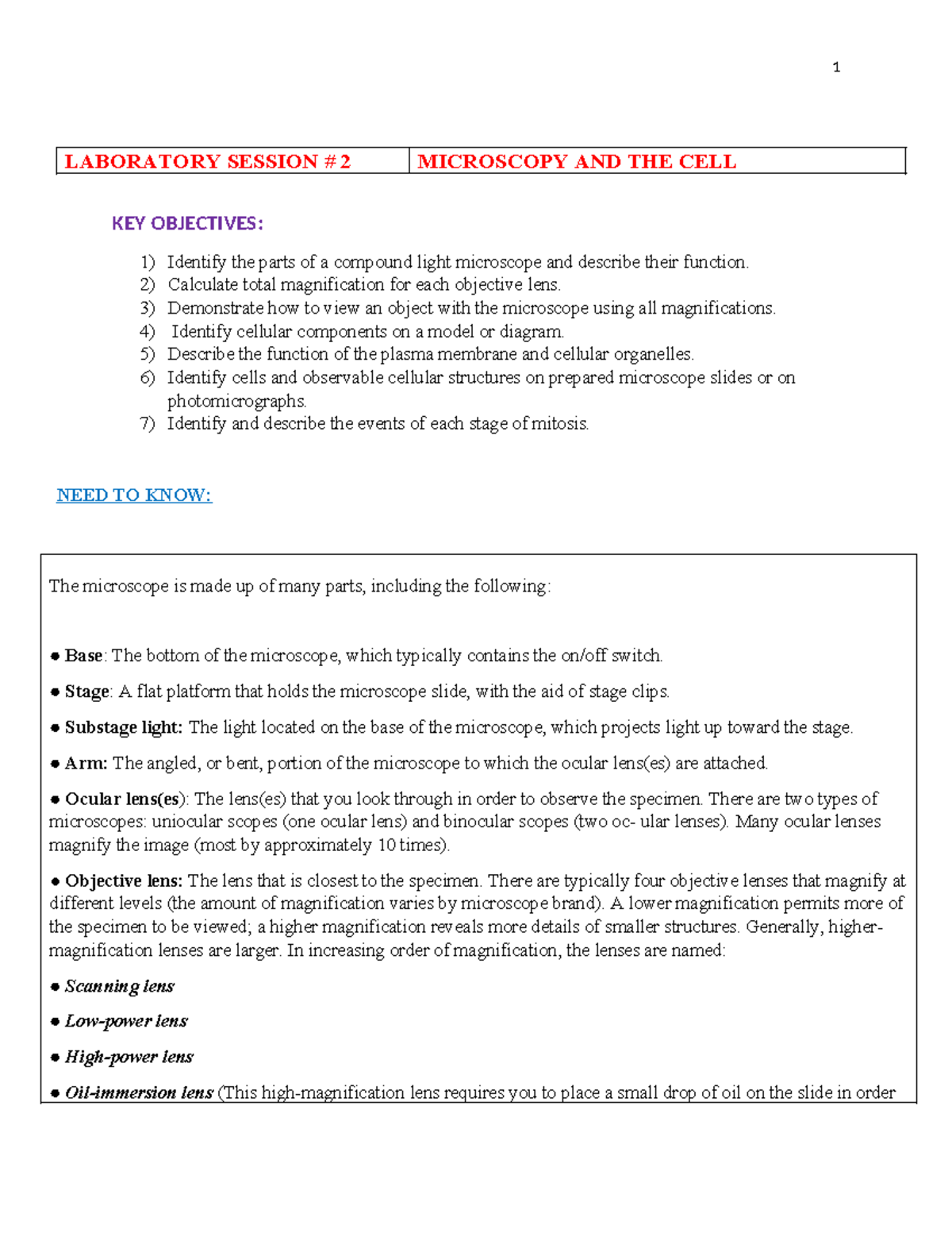 Lab 2 Microscopy and the Cell Edited - LABORATORY SESSION # 2 ...