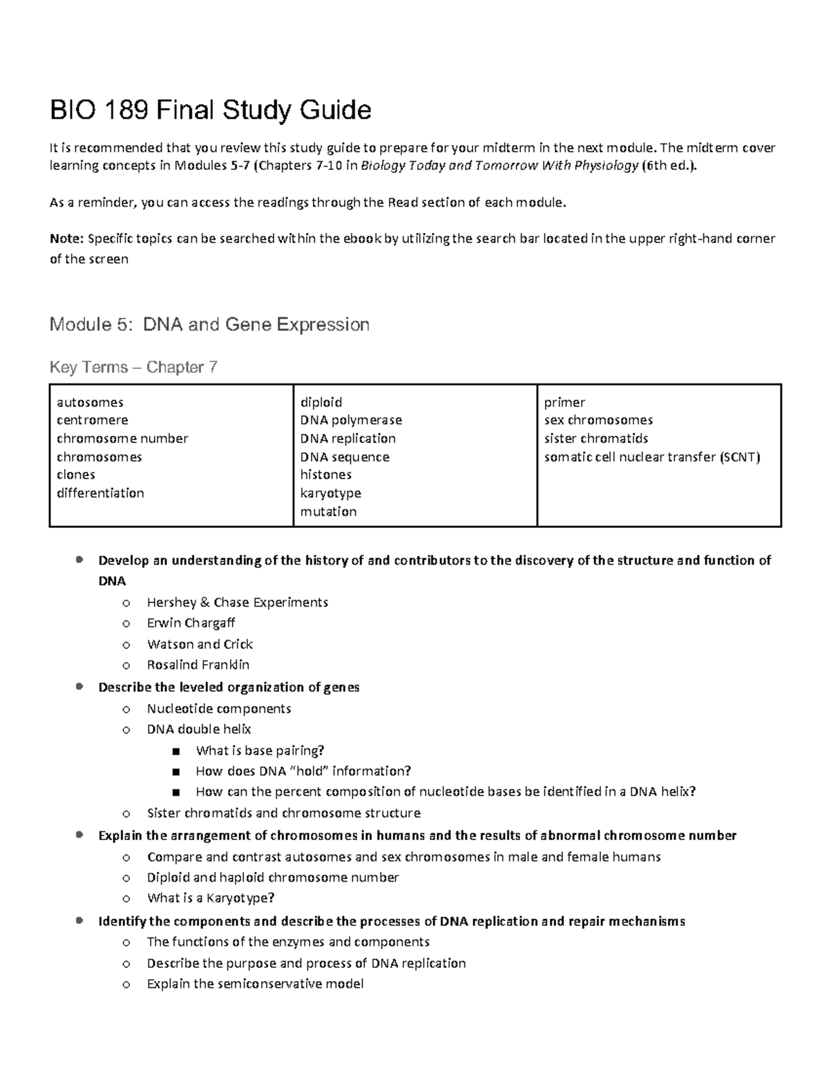 BIO 189 Final Study Guide - BIO 189 Final Study Guide It Is Recommended ...