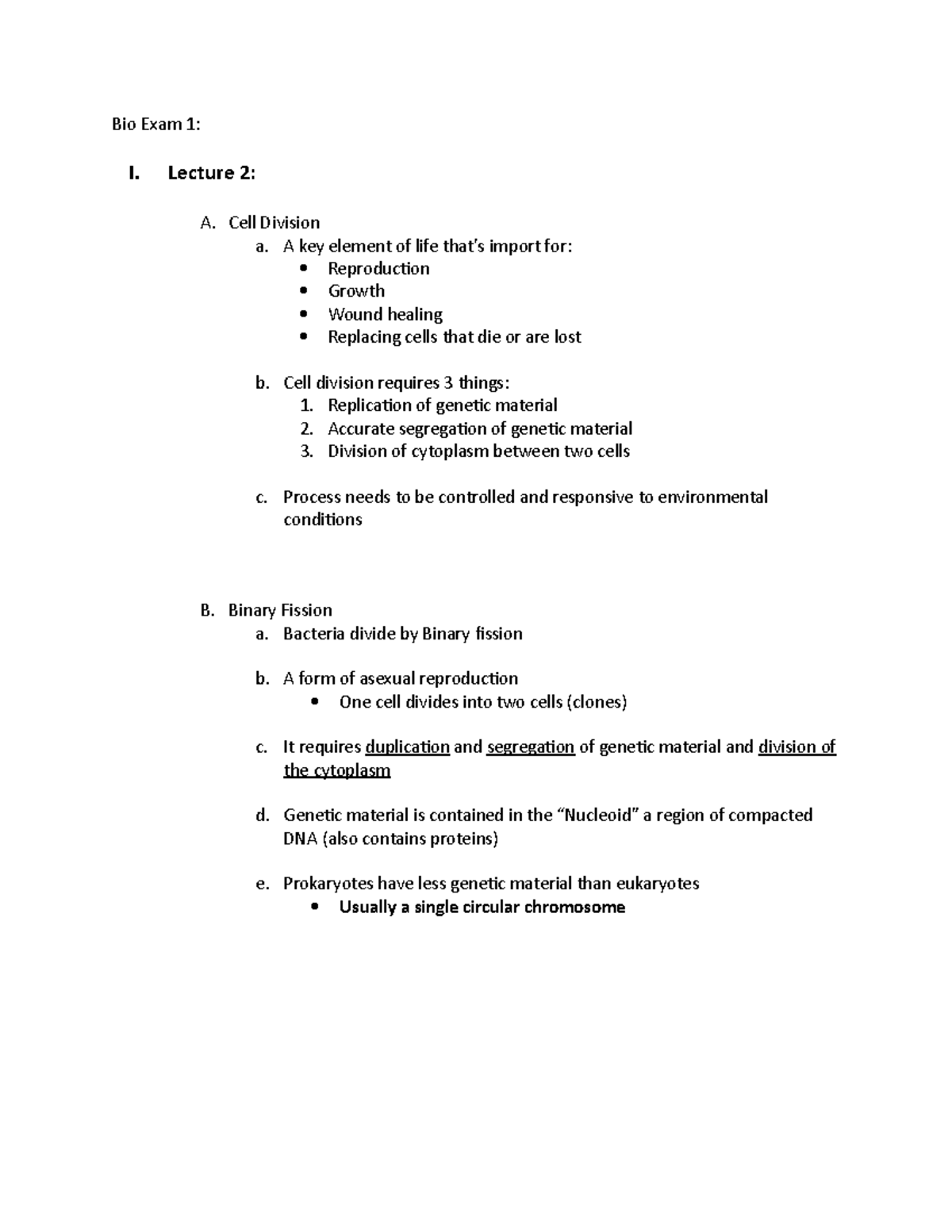 Bio Exam 1 - Lecture notes 2-7 - Bio Exam 1: I. Lecture 2: A. Cell ...