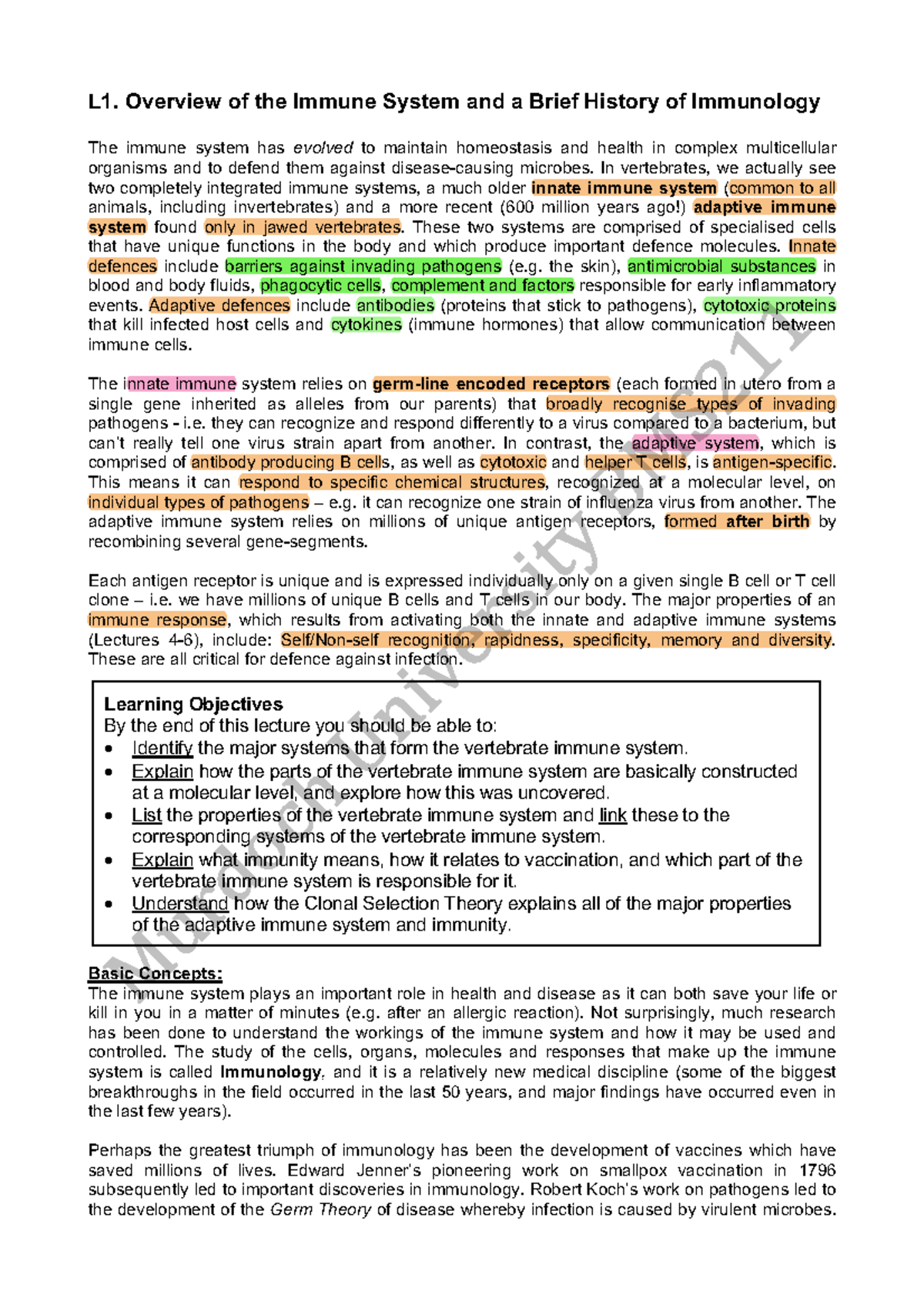 1-6 Overview Notes - L1. Overview of the Immune System and a Brief ...