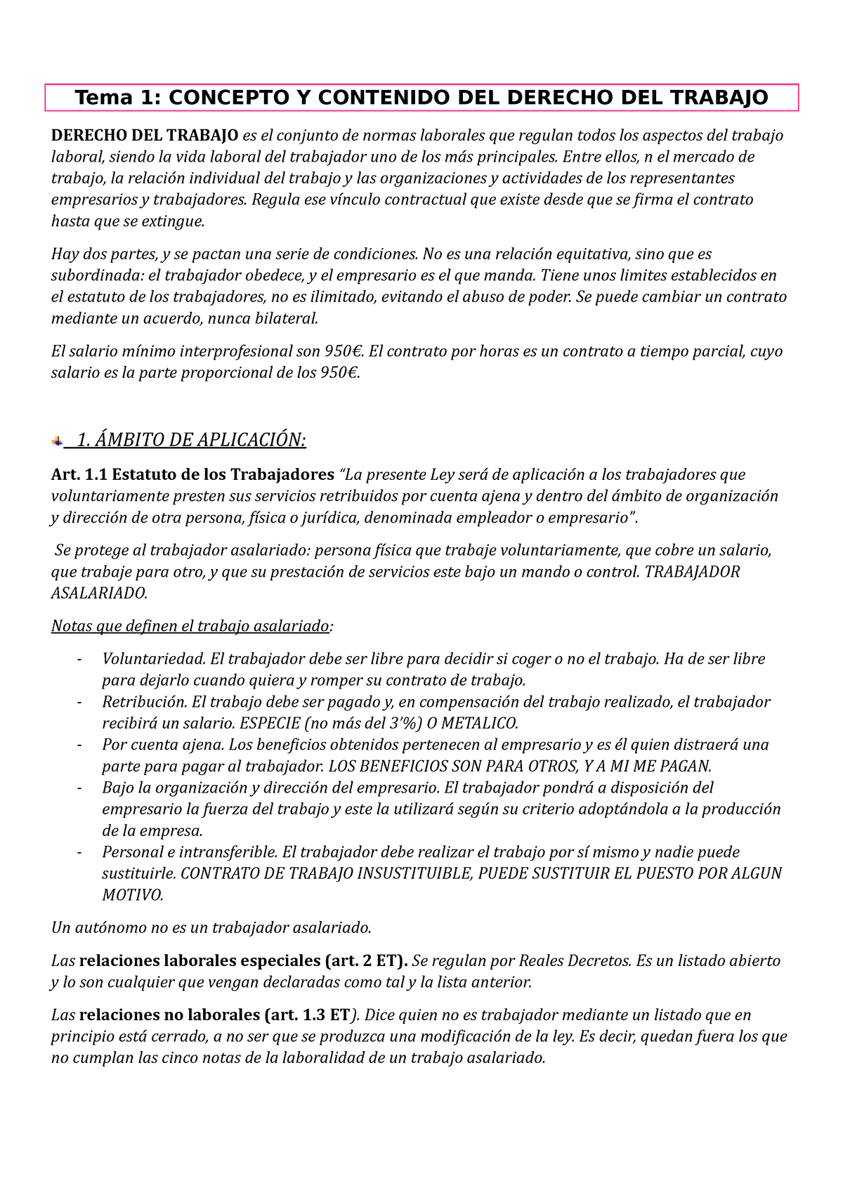 TEMA 1 - Apuntes - Tema 1: CONCEPTO Y CONTENIDO DEL DERECHO DEL TRABAJO ...