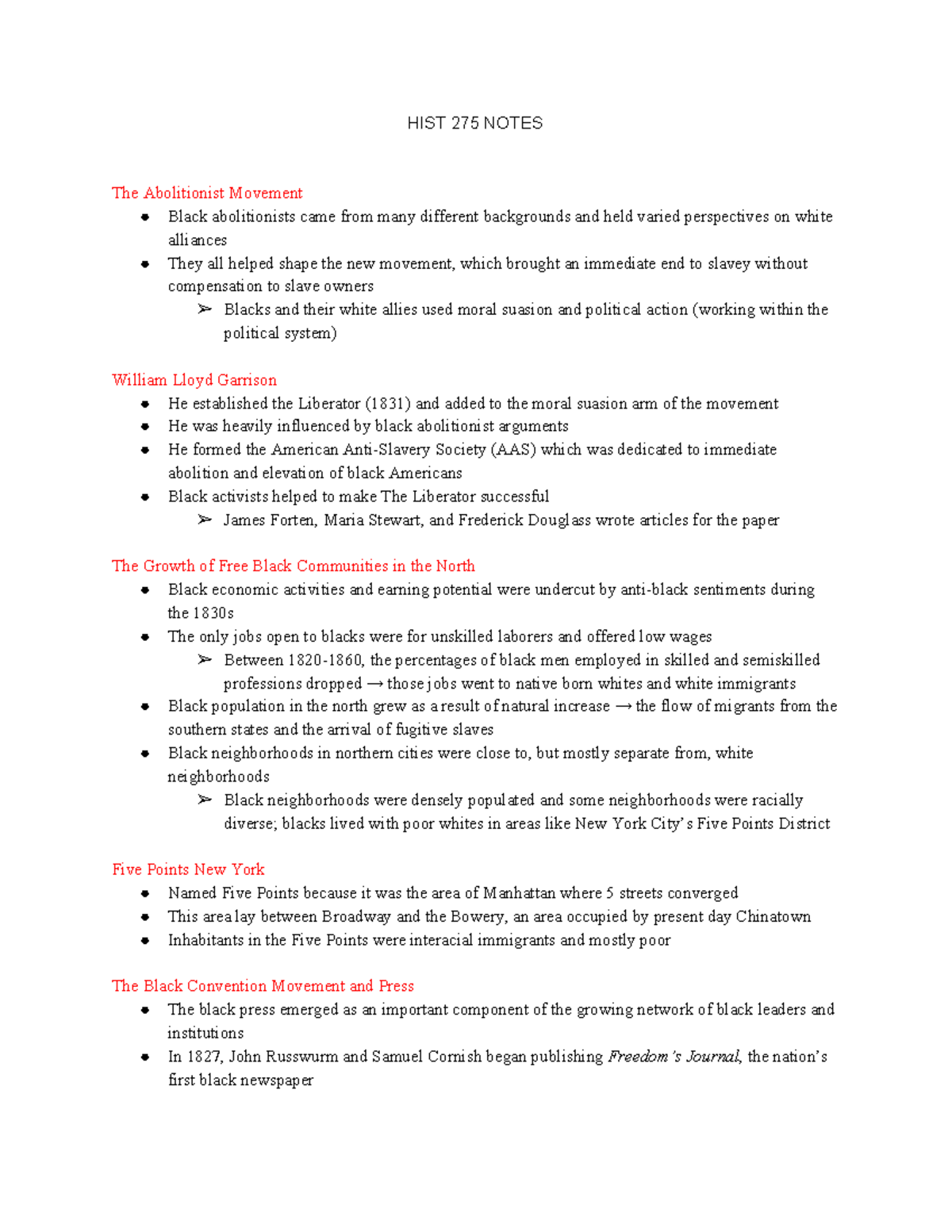 HIST 275 Notes Session 3 - HIST 275 NOTES The Abolitionist Movement ...
