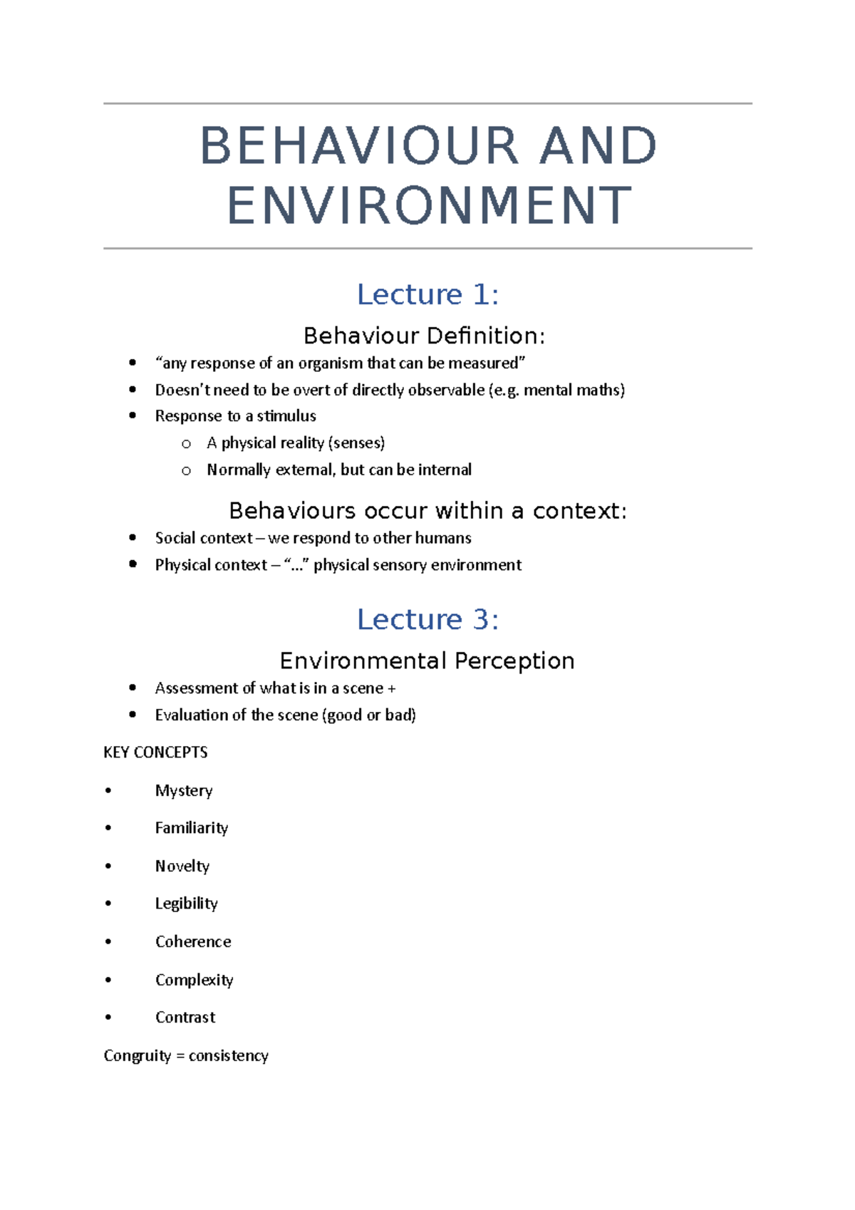 Lecture 1 And 3 - BEHAVIOUR AND ENVIRONMENT Lecture 1: Behaviour ...