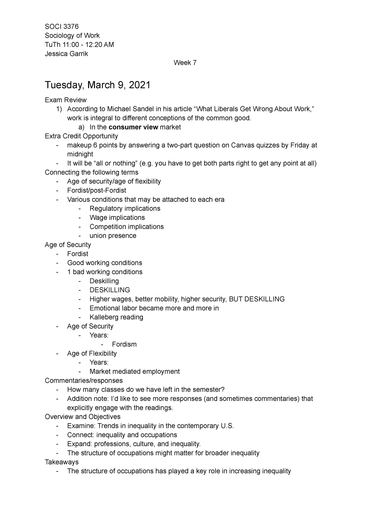 Week 7 - SOCI 3376 - SOCI 3376 Sociology Of Work Spring 2021 ...