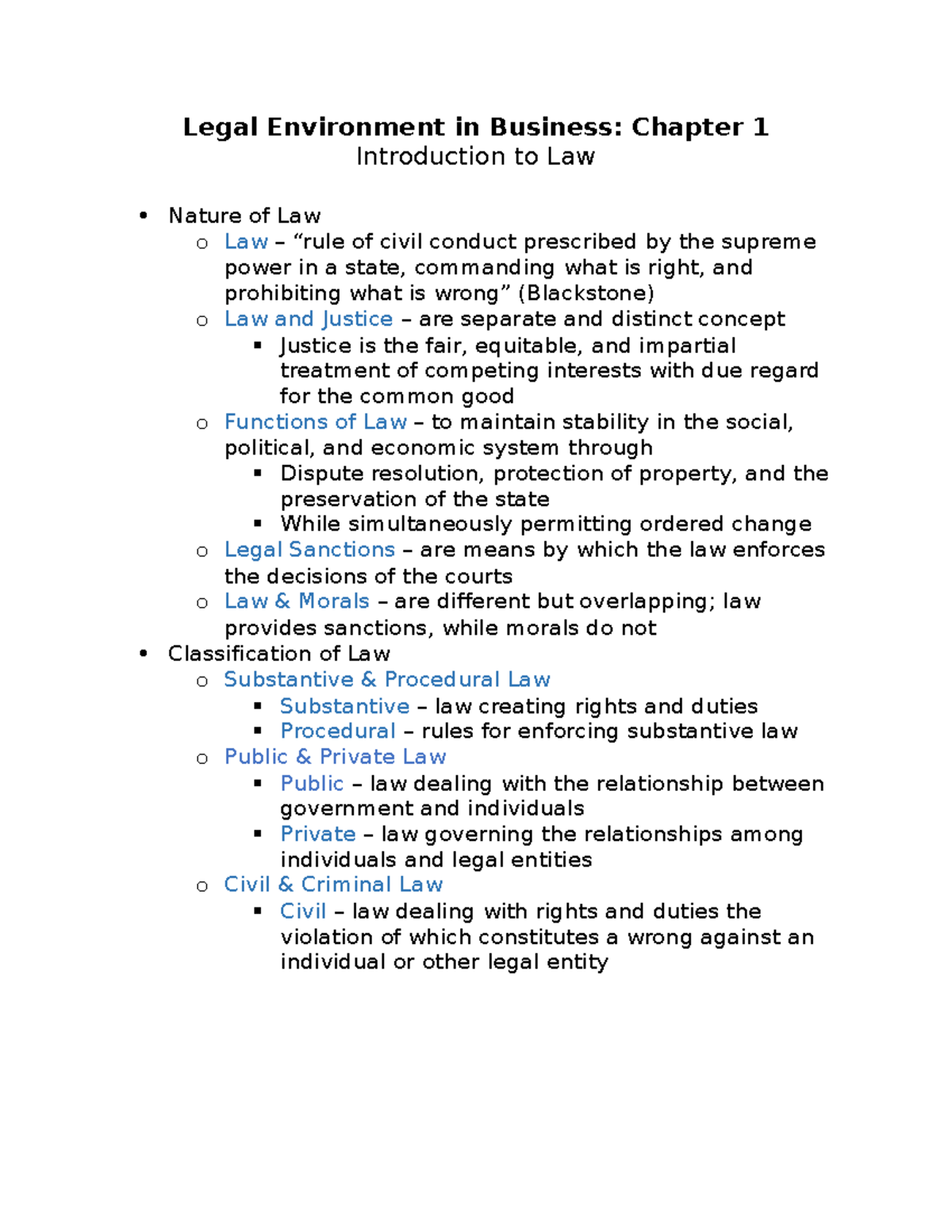 Chapters 1 - 6 - Prof Addington Lecture Notes - Legal Environment in ...
