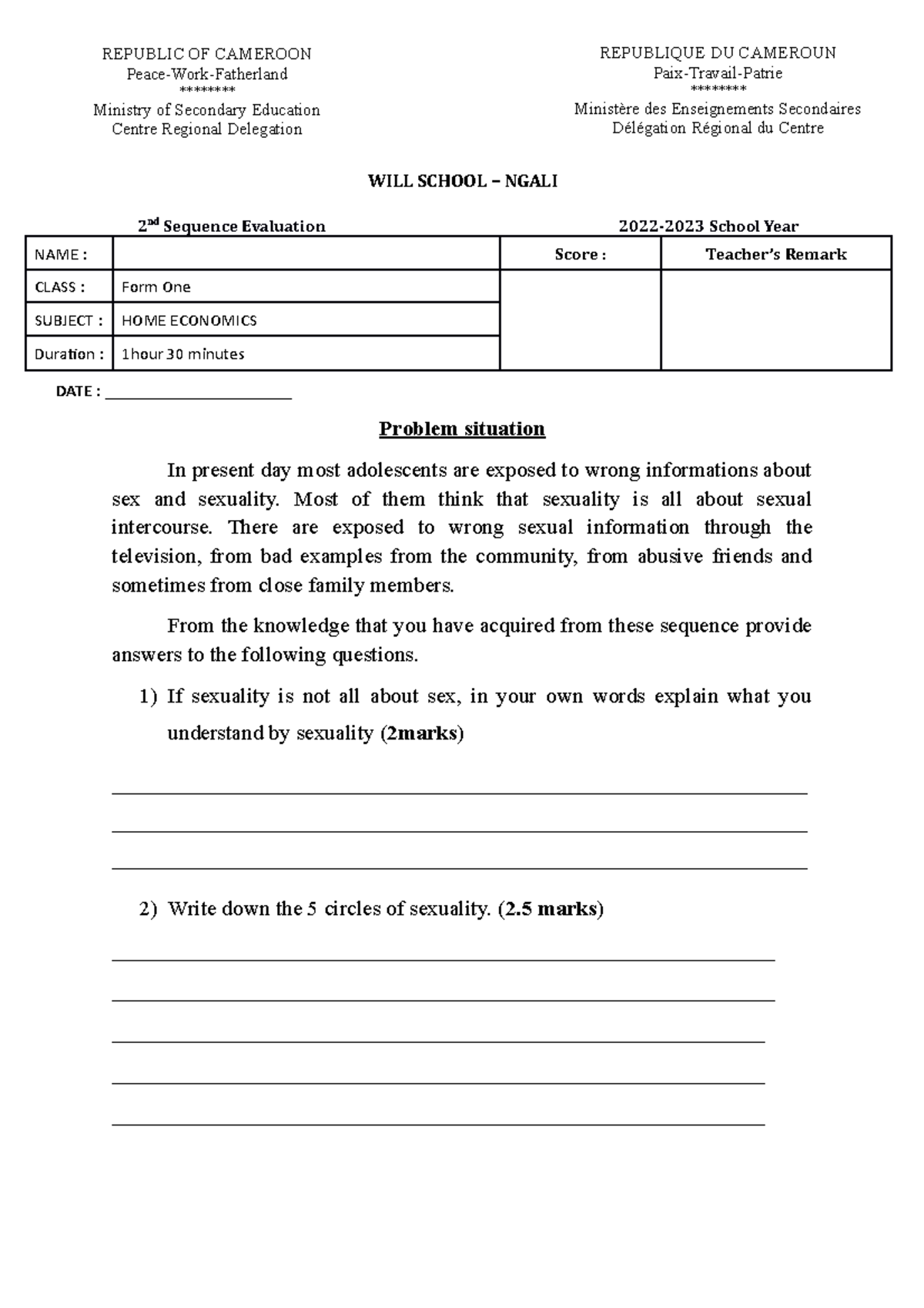 Form One Question Papers 20222023 WILL SCHOOL NGALI 2 nd Sequence