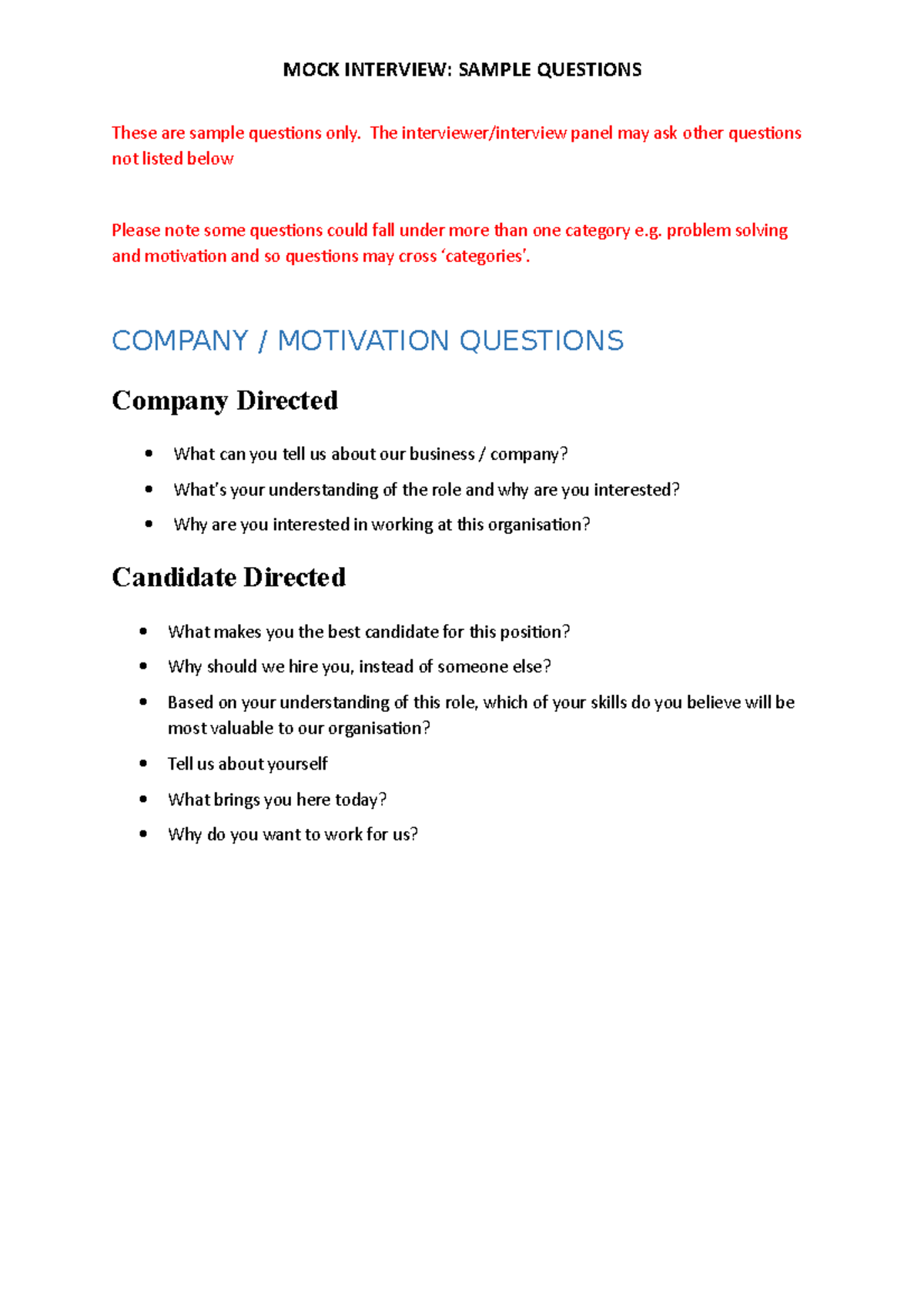 Mock Interview - Sample Questions - These are sample questions only ...