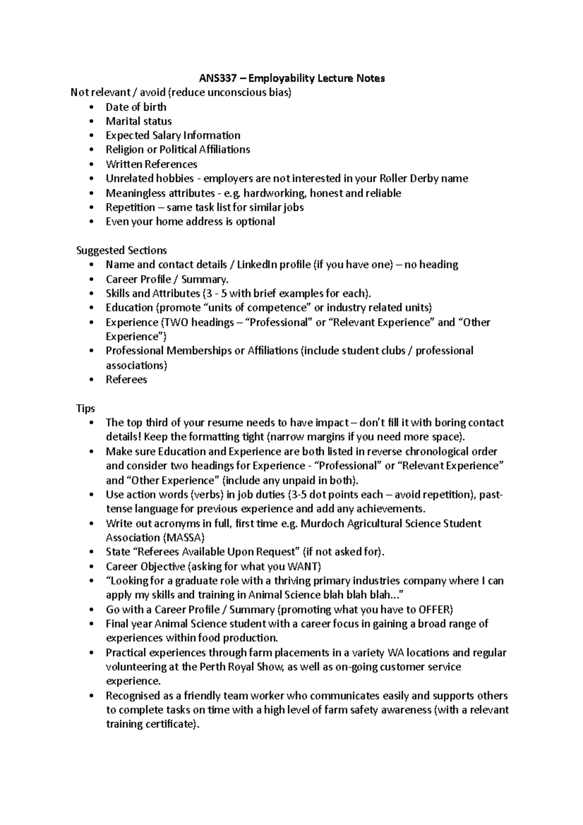 Employability Notes - ANS337 - ANS337 – Employability Lecture Notes Not ...