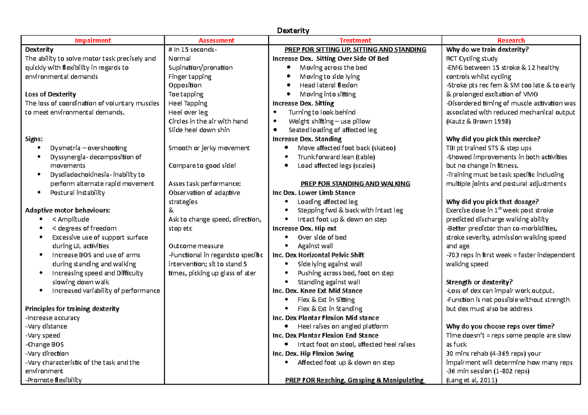 VIVA - Summary Extended Scope Physiotherapy 1 Pg - Dexterity Impairment ...