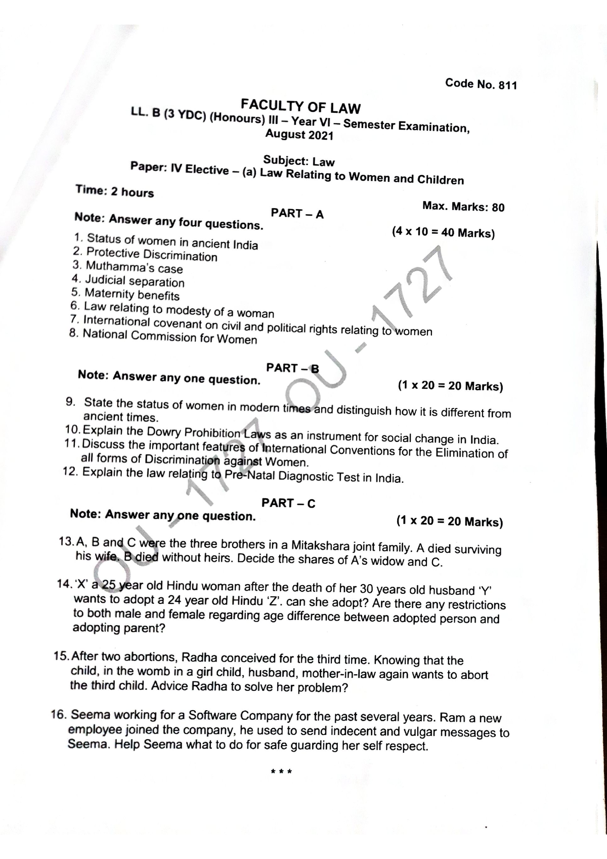 Sem VI 2021-2022 QPs - Semester 6-LLB-3YDC- Osmania University-Question ...