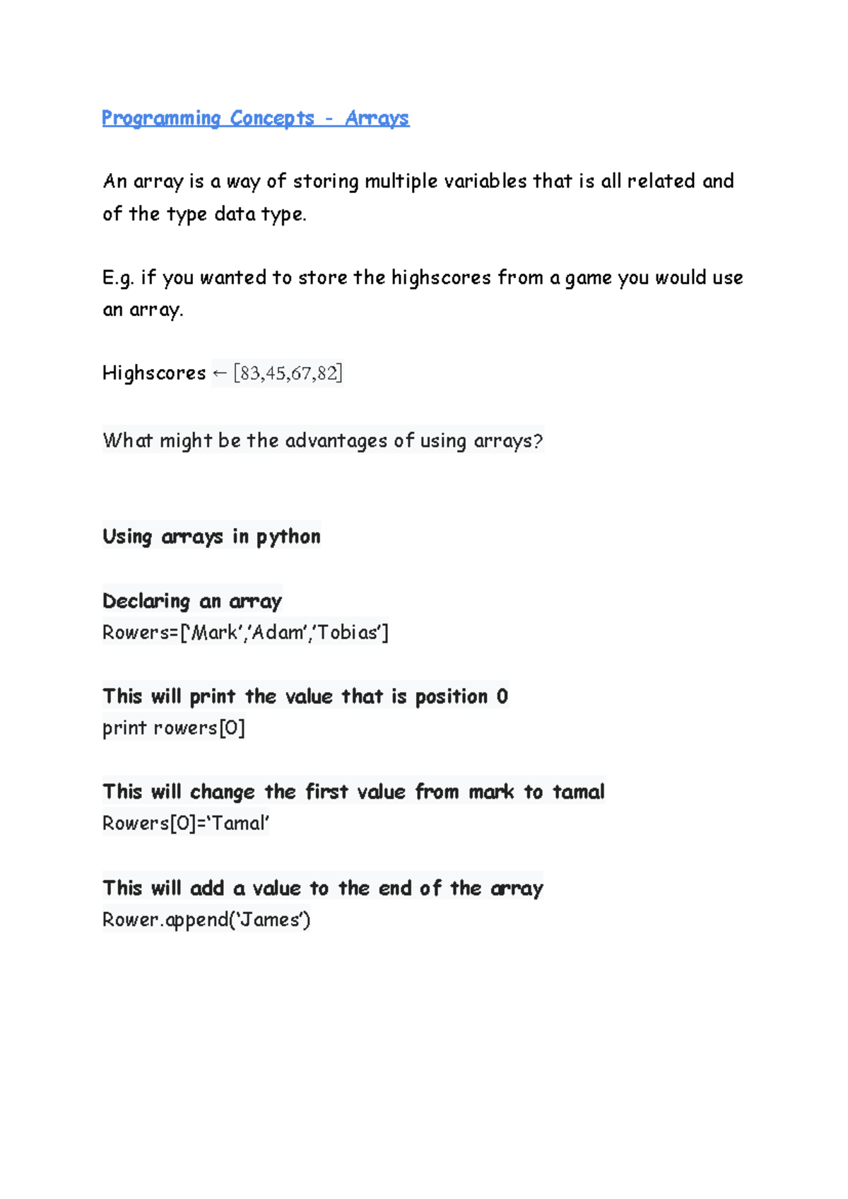 Programming Concepts Arrays - Programming Concepts - Arrays An array is ...