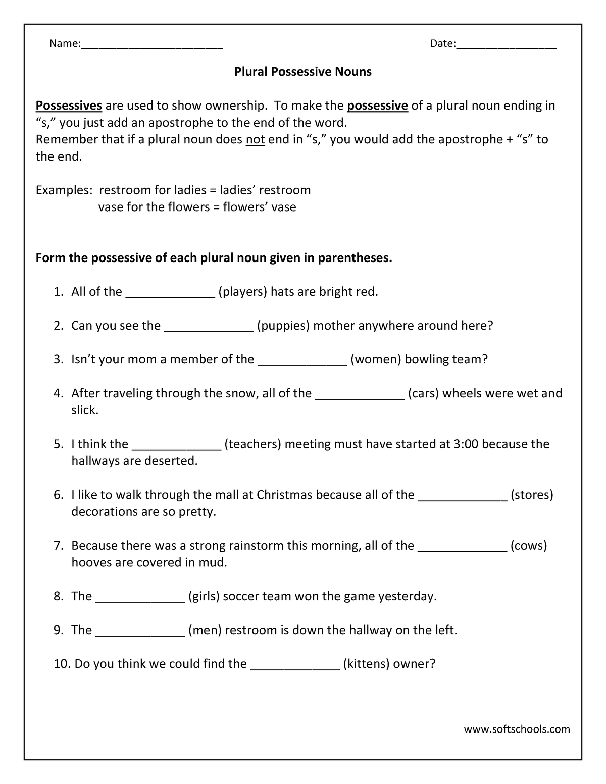 Plural Possessive Nouns 6th Grade Worksheet Name 