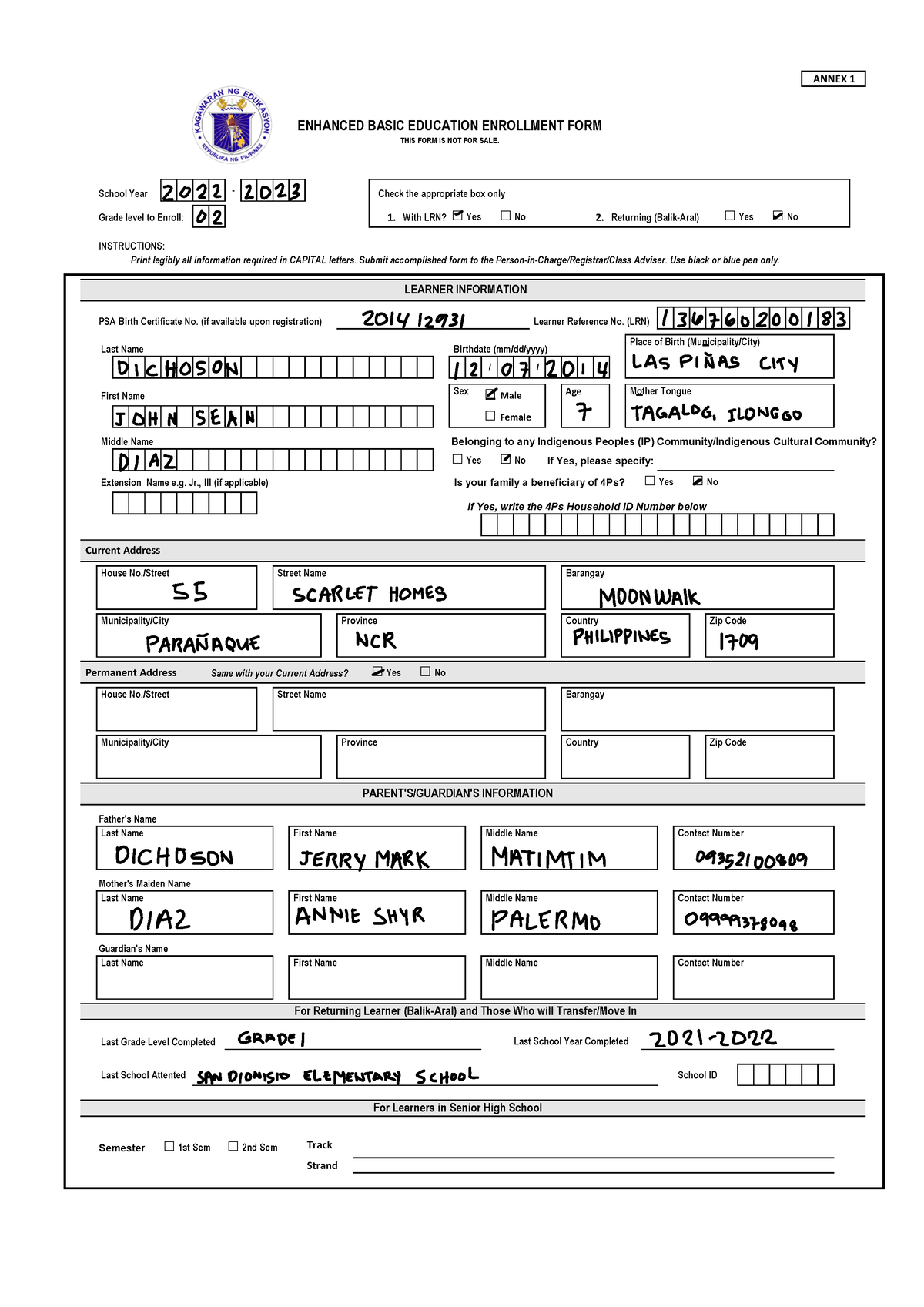 Dep Ed Survey Form - For Applications Forms - School Year - Grade Level 