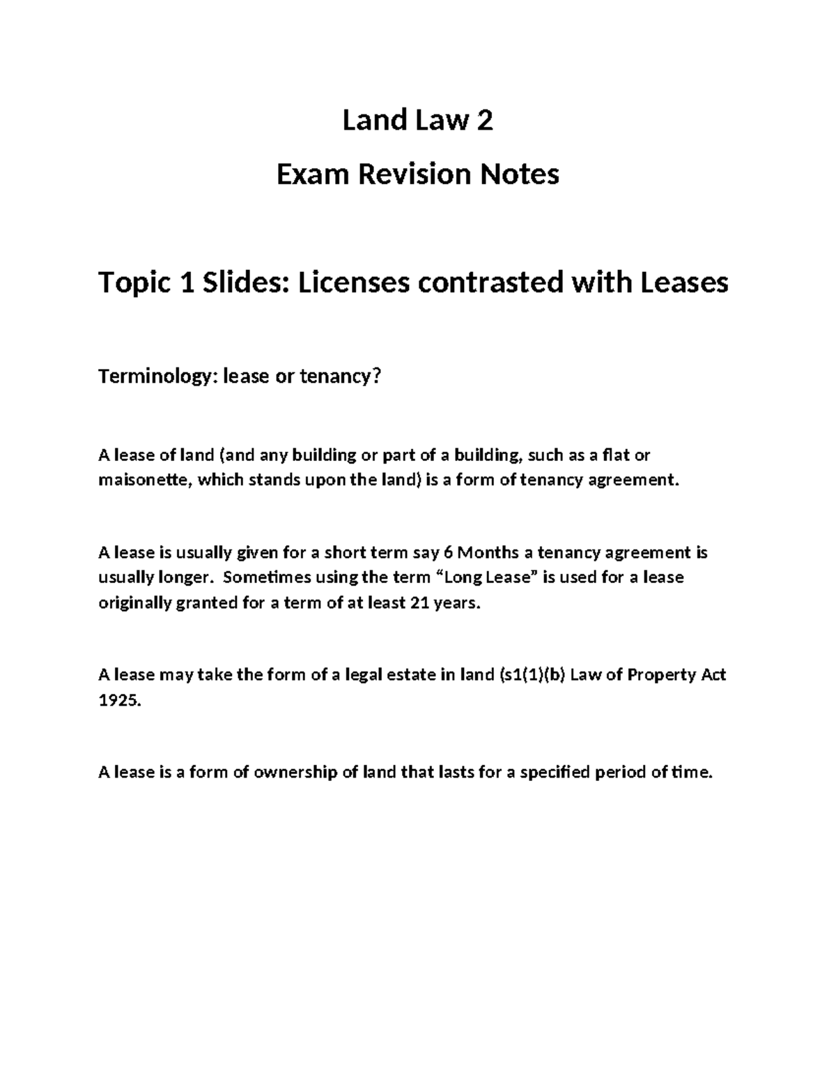 Land Law 2 Revision Notes - Land Law 2 Exam Revision Notes Topic 1 ...