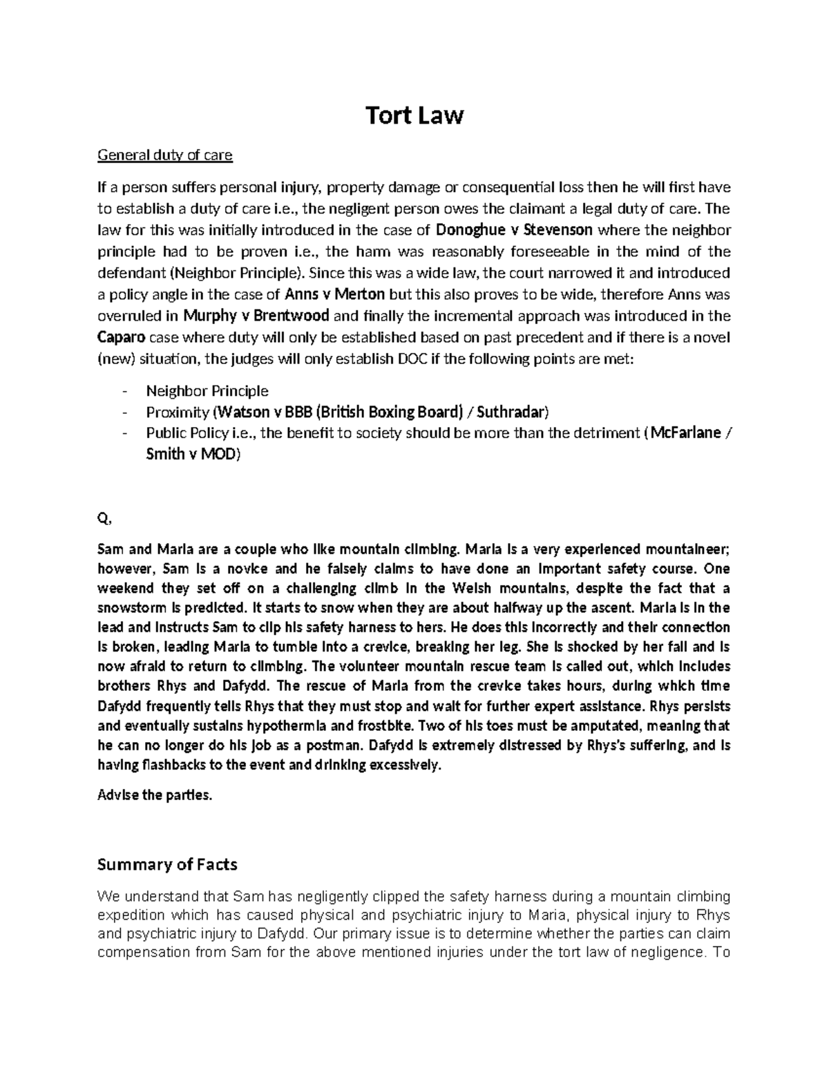Tort Law Complete Syllabus - Tort Law General duty of care If a person ...