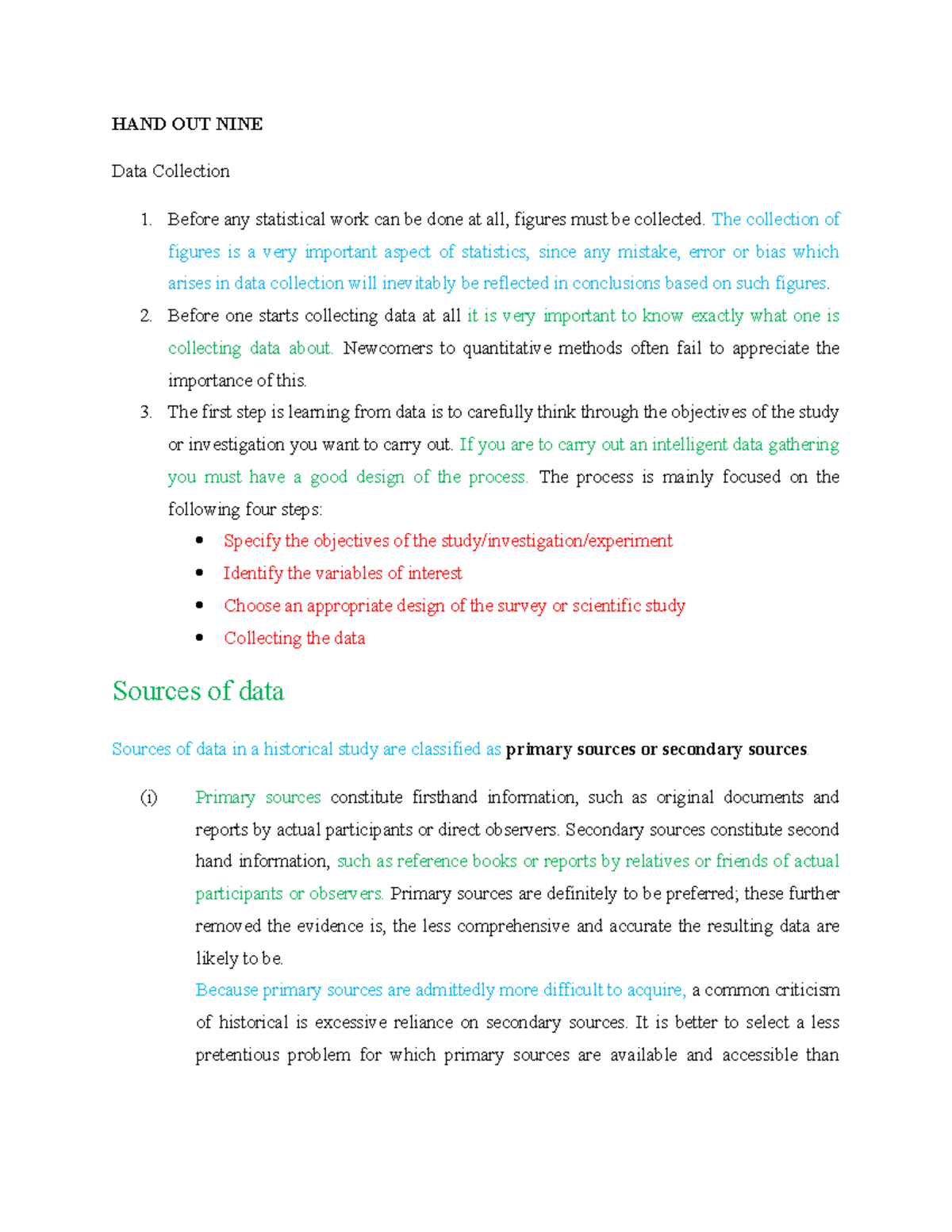 HAND OUT NINE - Biostatistics notes - HAND OUT NINE Data Collection ...