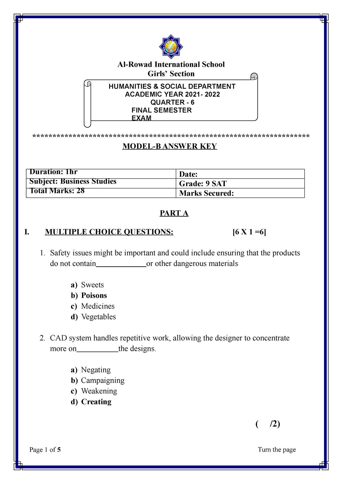 9 SAT Model B Answer KEY - Page 1 Of 5 Turn The Page Al-Rowad ...