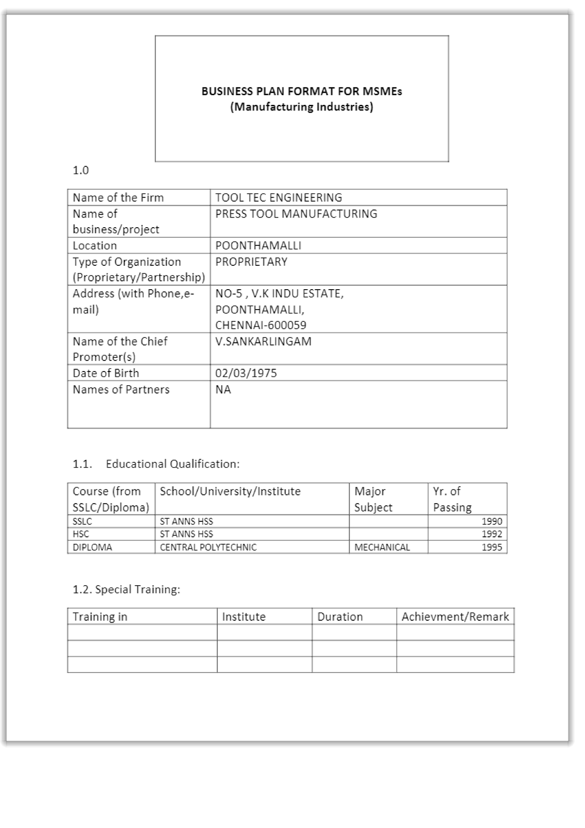 business plan format for msmes