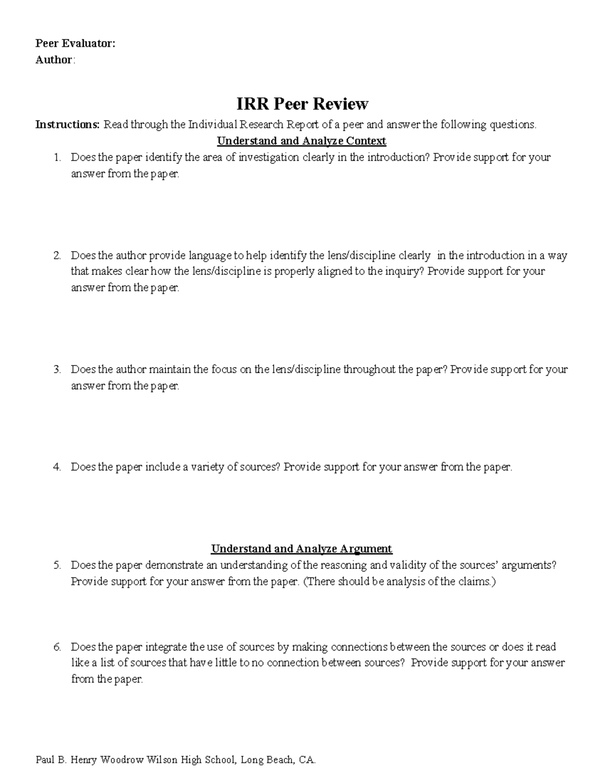 Updated IRR Peer Review Activty - Peer Evaluator: Author: IRR Peer ...