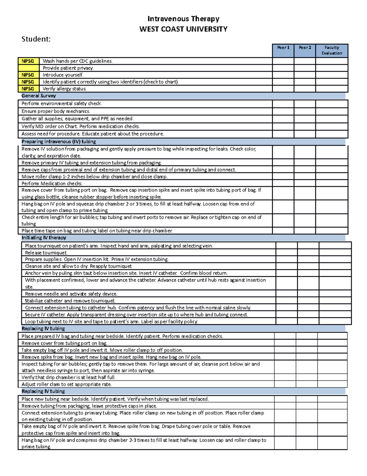 IV Therapy Checklist 2020 - Intravenous Therapy WEST COAST UNIVERSITY ...