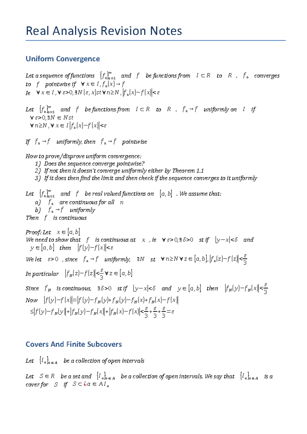 Real Analysis Revision Notes - Real Analysis Revision Notes Uniform ...