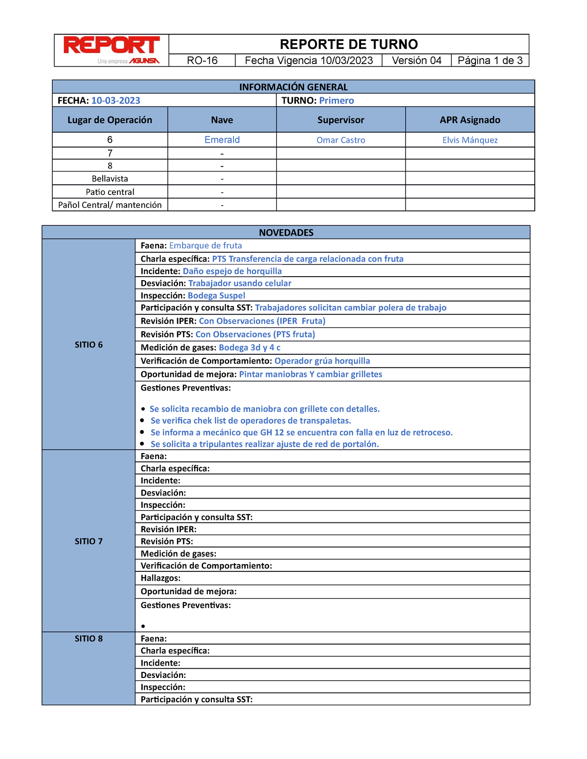 Propuesta Reporte turno REPORTE DE TURNO RO16 Fecha Vigencia 10/03