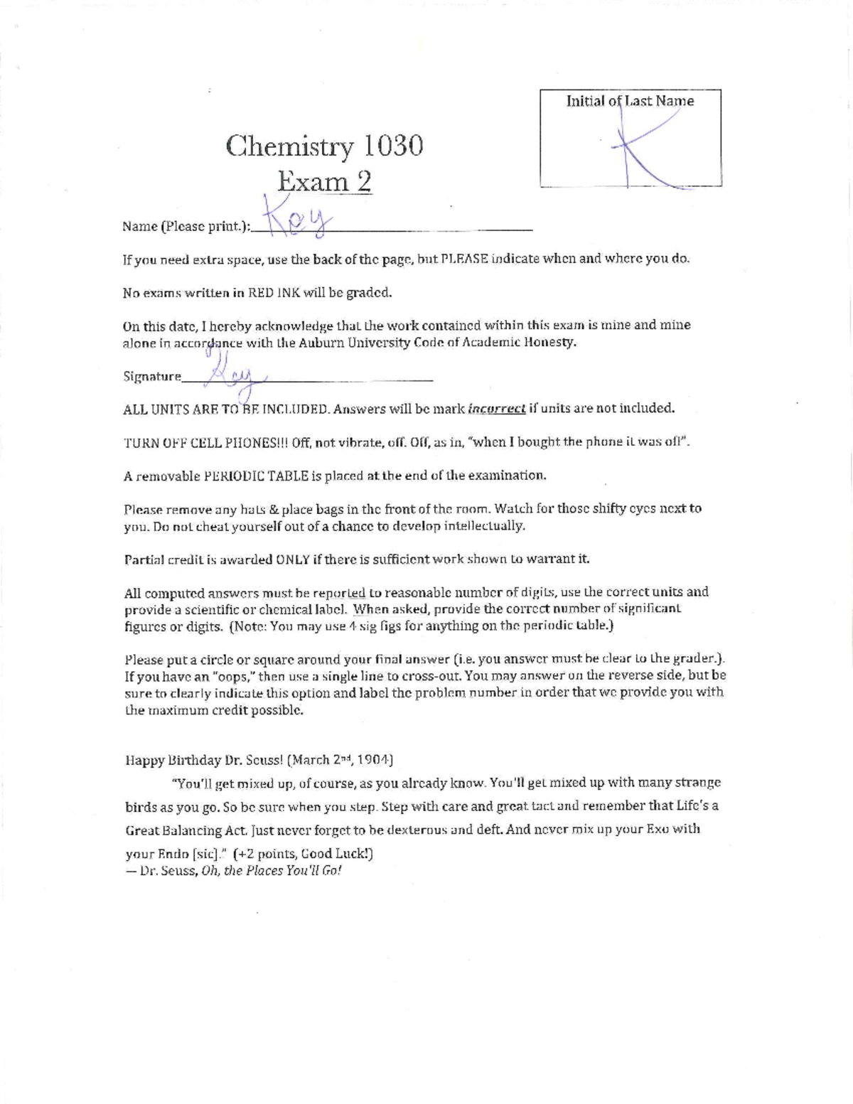 Exam 2 Key CHEM 1030 Sp 12 - CHEM 1030 - Studocu