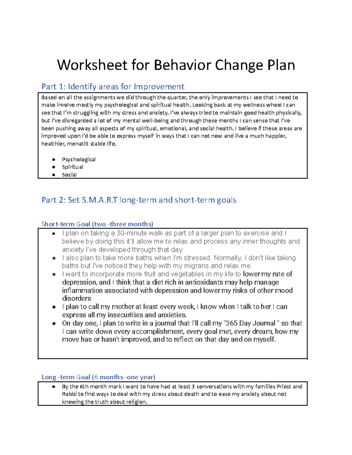 Behavior change plan Worksheet for Behavior Change Plan Part 1