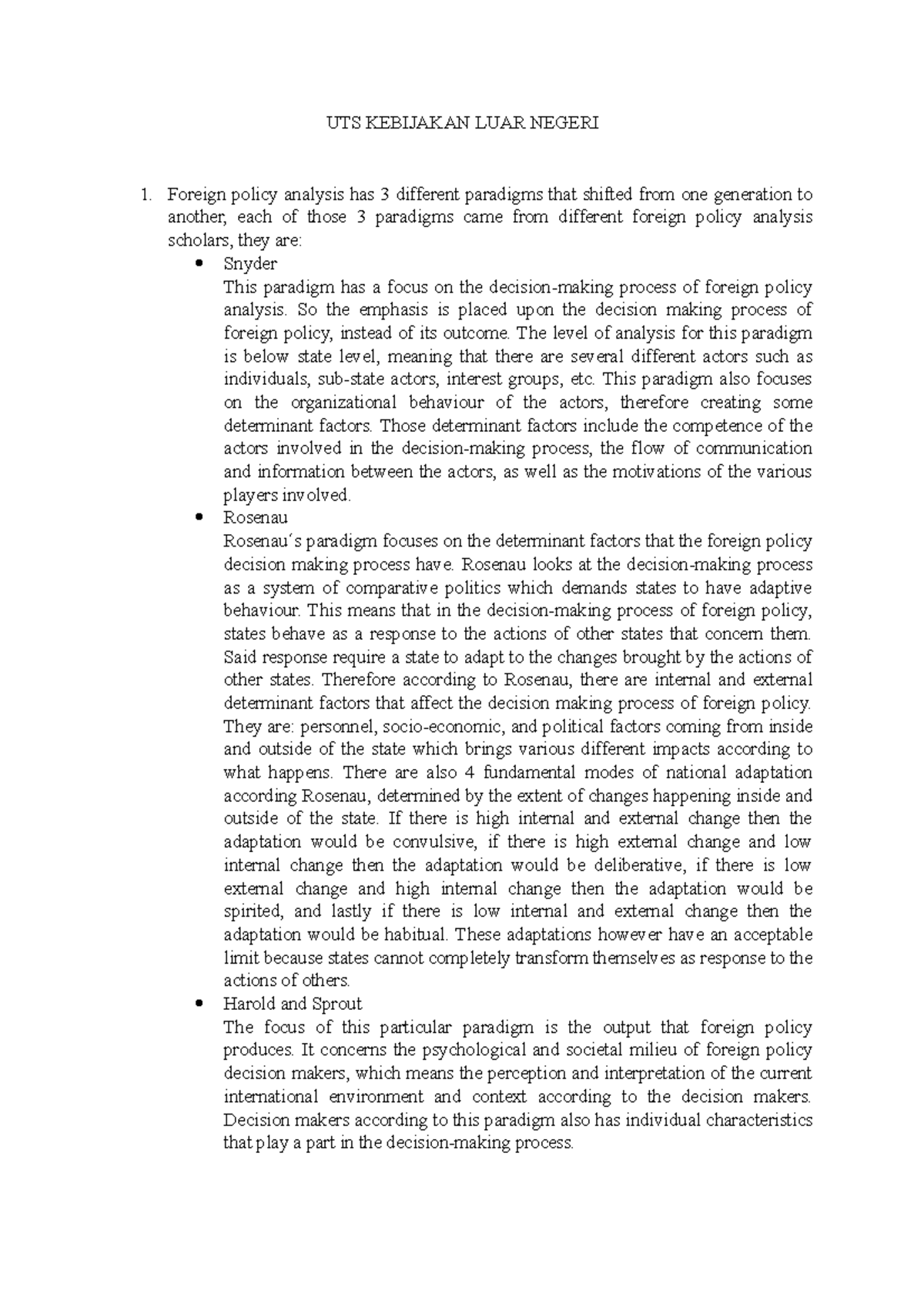 UTS KLN Foreign Policy Analysis Midterm UTS KEBIJAKAN LUAR NEGERI