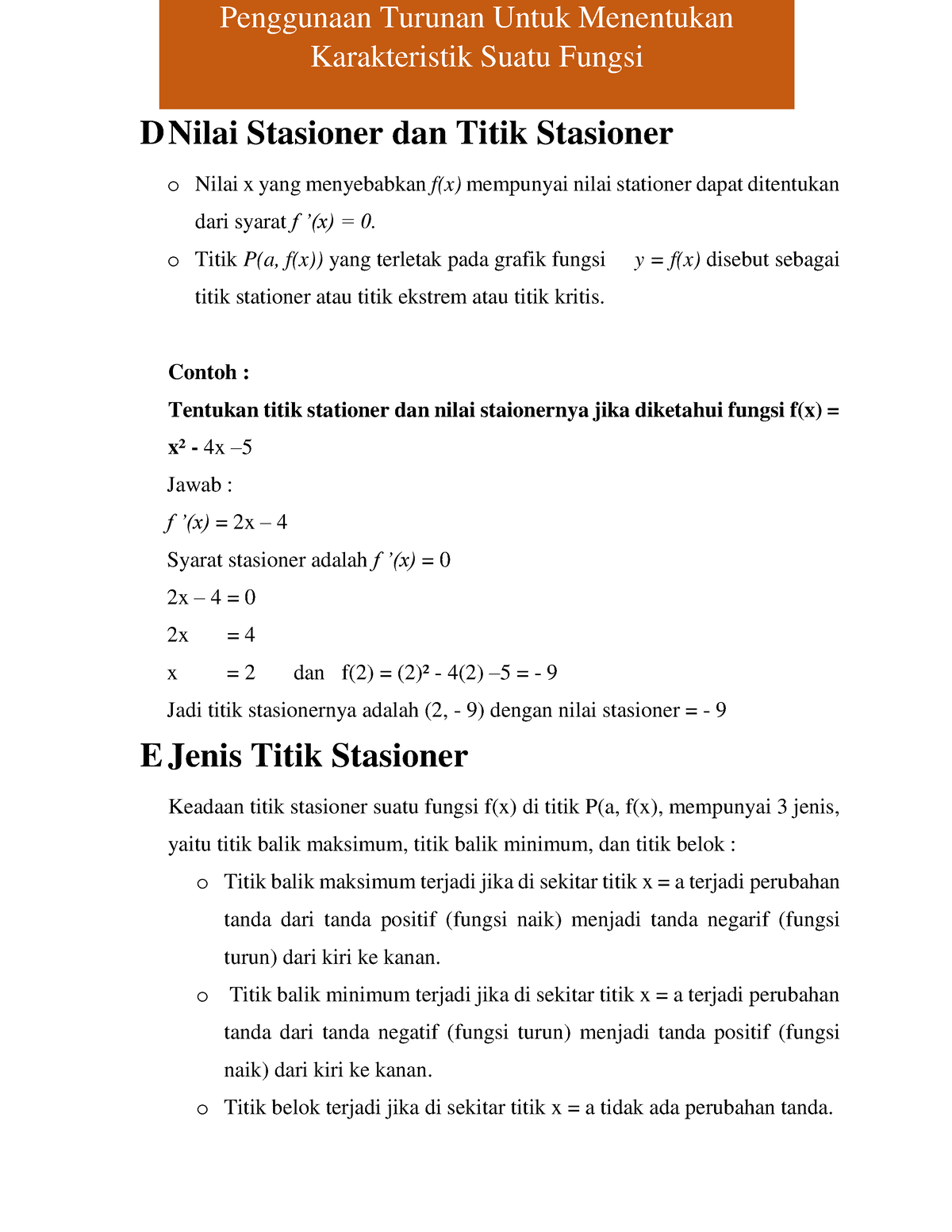 Nilai Stasioner Dan Titik Stasioner - O Titik P(a, F(x)) Yang Terletak ...