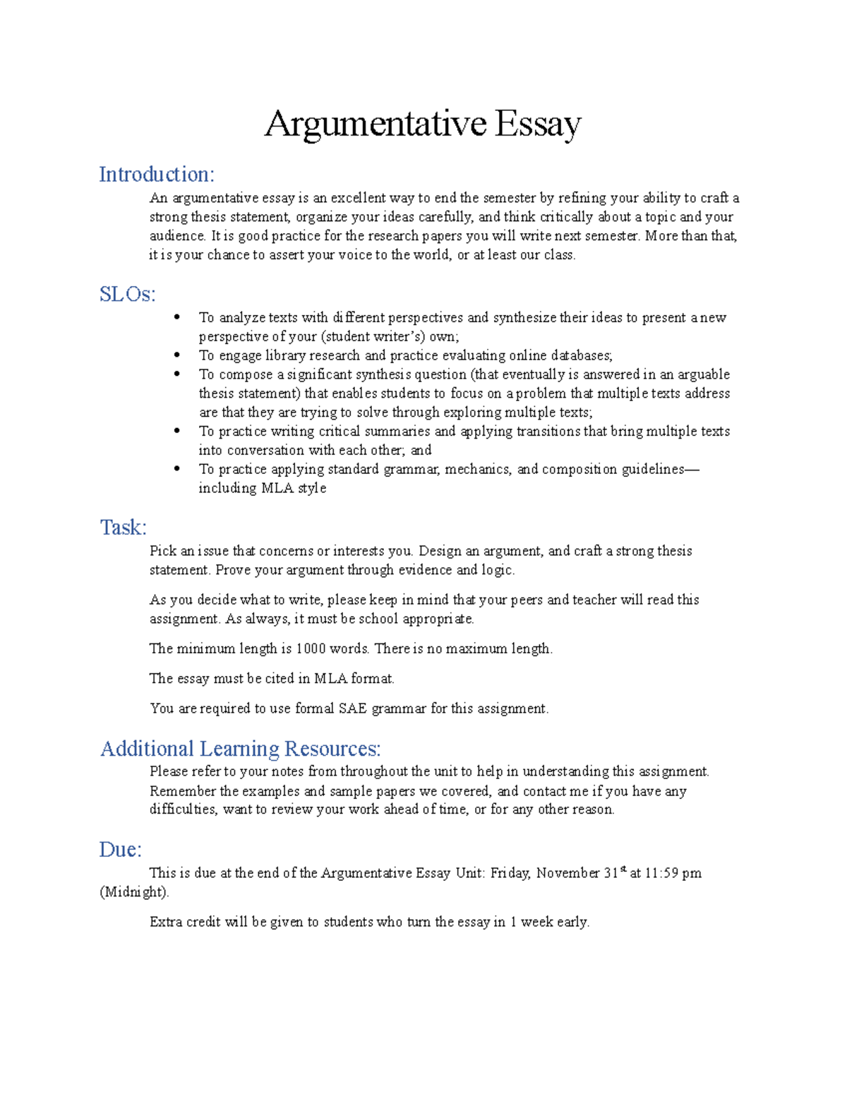 Argumentative Essay-Fall 2022(1) - Argumentative Essay Introduction: An ...