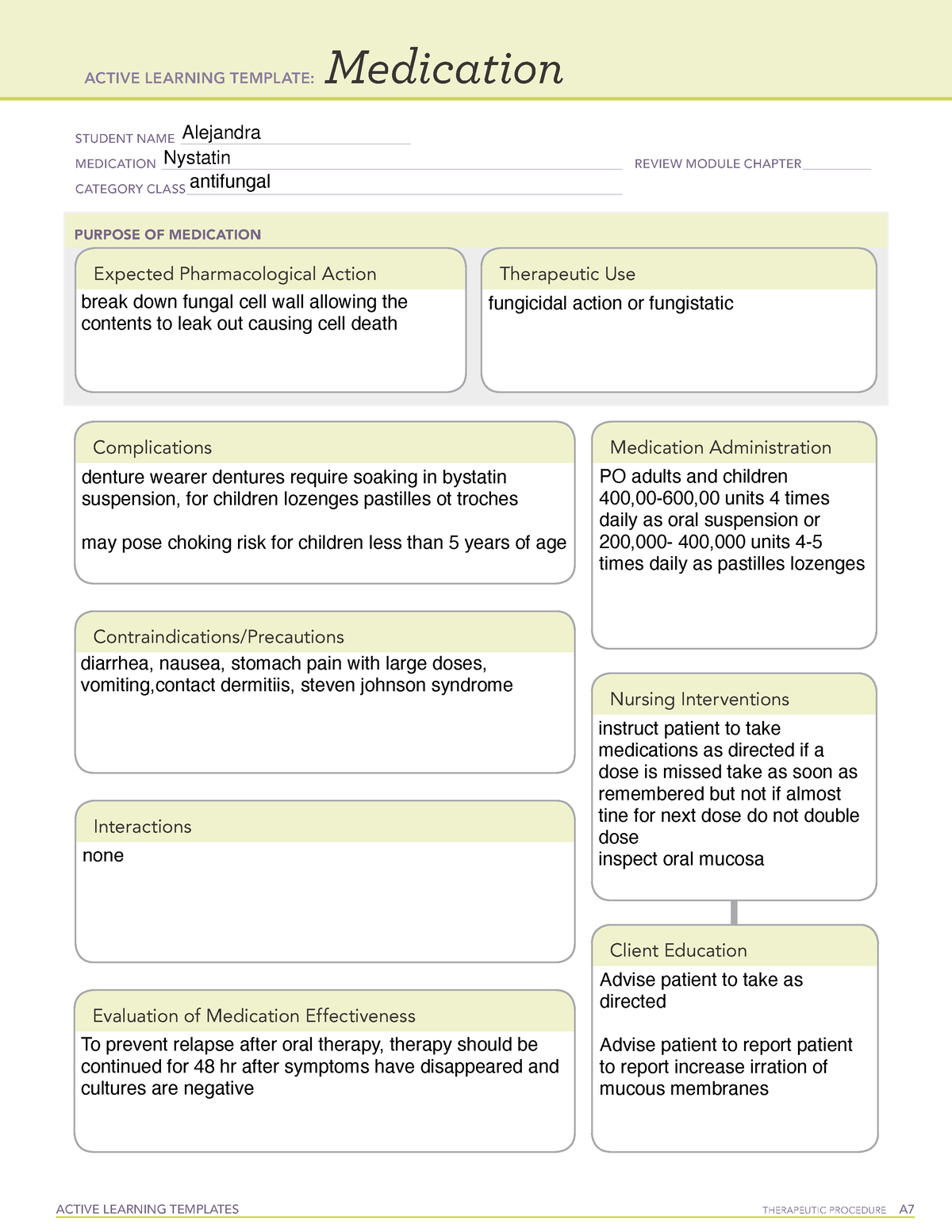 Medication Nystatin Medsheets from ATI ACTIVE LEARNING TEMPLATES