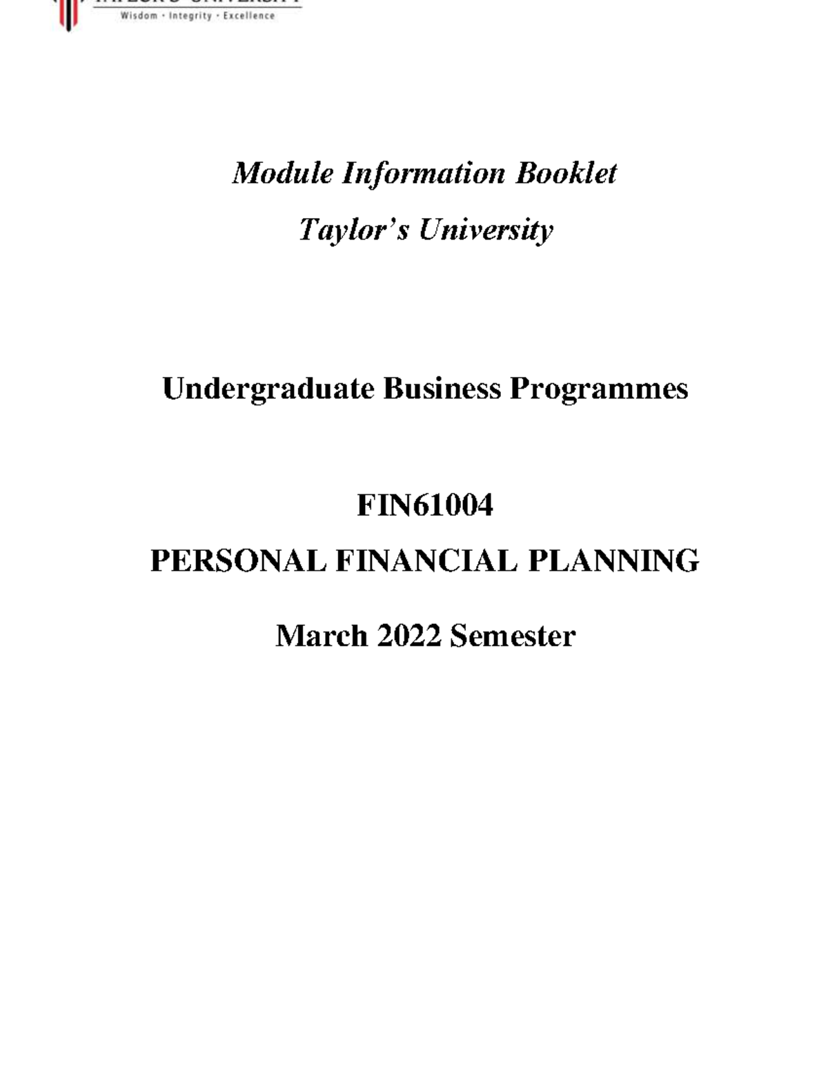 Personal Financial Planning Module Information March 2022 Module