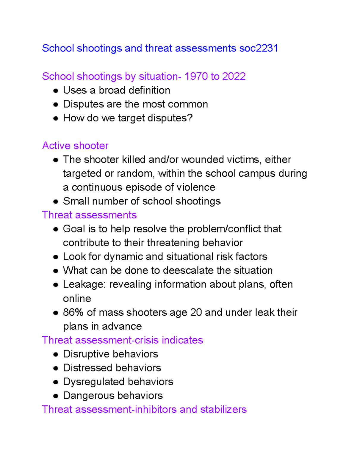 School shootings and threat assessments soc2231 - School shootings and ...