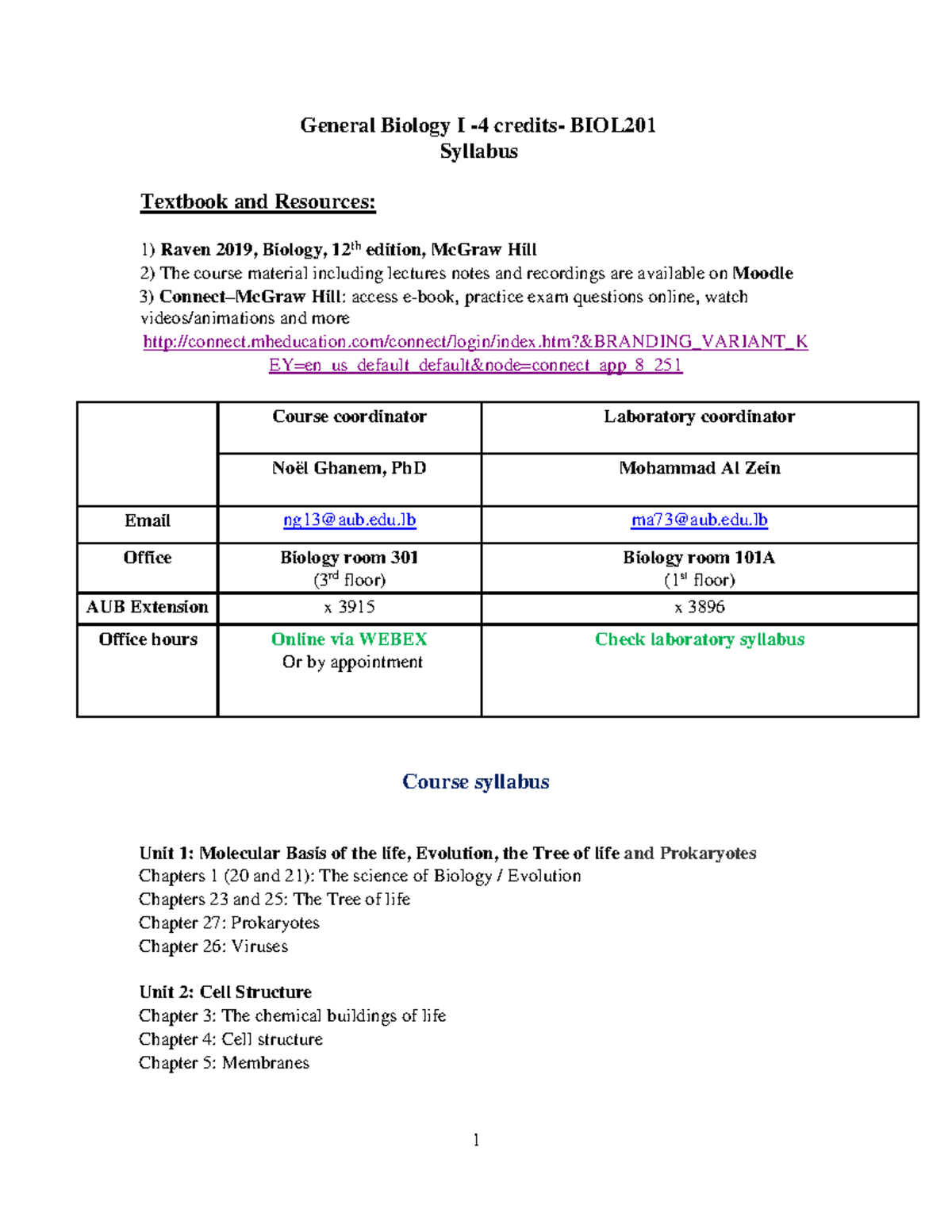 BIOL 201 Syllabus - General Biology I -4 Credits- BIOL Syllabus ...