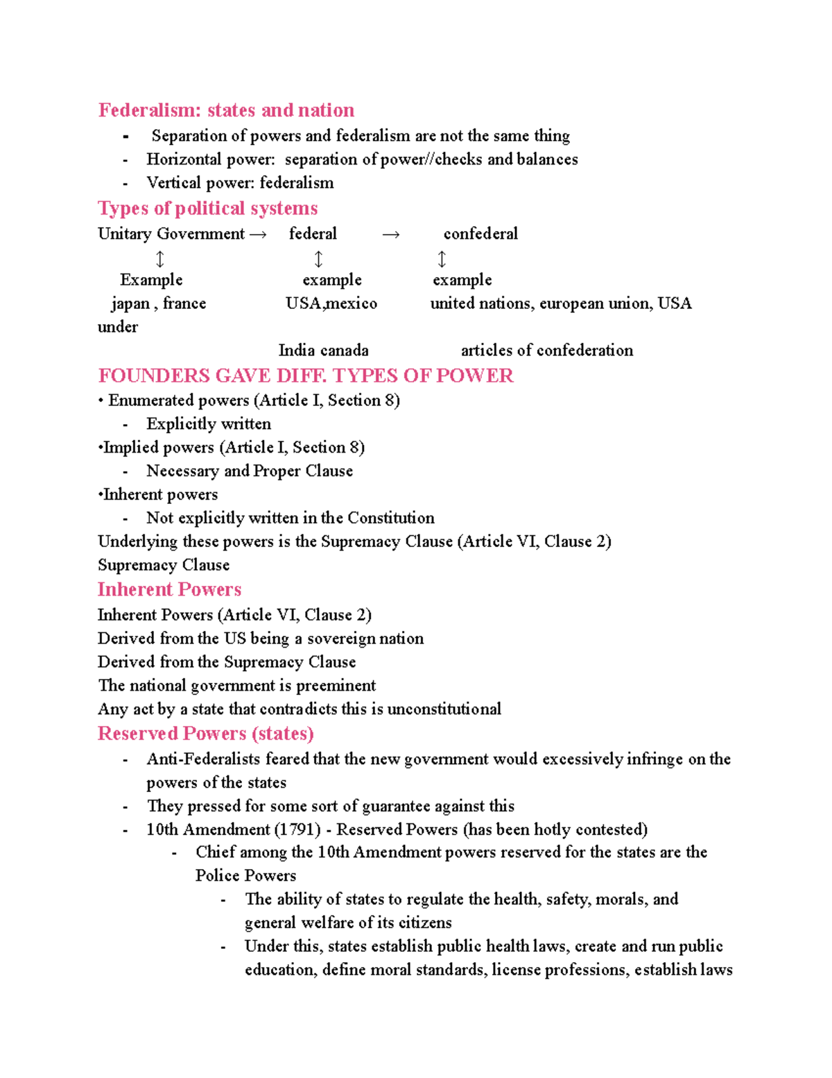 Politics chapter 3 notes - Federalism: states and nation - Separation ...